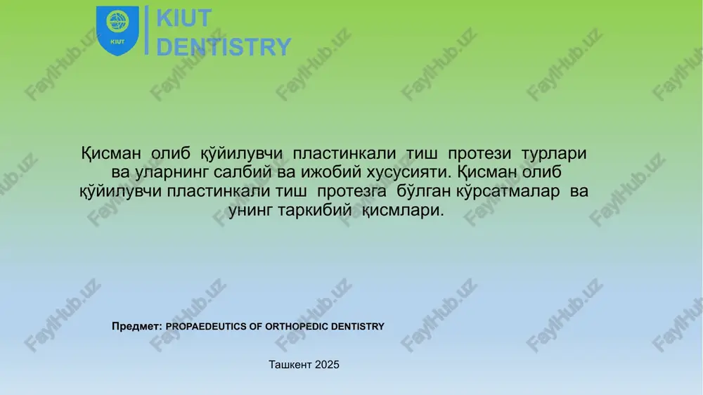 nligi. kamchiliklari: plastinalar qattiq va beso'naqay bo'lishi mumkin, metall qisqichlar tabassum paytida seziladi, shuningdek, ular kamroq chidamli bo'lib, milklarga zarar etkazishi mumkin. 2. egiluvchan neylon protezlar afzalliklari: yuqori elastiklik va moslashuvchanlik, mukammal biomoslashuvchanlik va gipoallergenlik, metall ilgaklarning yo'qligi va ajoyib estetika. kamchiliklari: ko'p sonli tishlarni almashtirish uchun mos emas, chunki ular shaklini yo'qotishi va yuqori chaynash yuklamalariga bardosh bera olmasligi mumkin. 3. acry free (akri fri) protezlari afzalliklari: akril plastmassaga allergiyasi bo'lgan bemorlar uchun yaratilgan, yuqori estetika va moslashuvchanlikka ega. kamchiliklari: akril analoglariga nisbatan yuqori narx. 12 qisman olinadigan plastinkali protezlarning umumiy afzalliklari - yo'qolgan tishlar tiklanadi - jarrohlik aralashuvini talab qilmaydi - olib qo'yilmaydigan protezlar va implantlar biroz arzonroq qisman olinadigan plastinkali protezlarning umumiy kamchiliklari noqulaylik va uzoq moslashish davri. chaynash funktsiyasining to'liq tiklanmasligi. tayanch tishlarga tushadigan yuklama. past estetika: ko'rinadigan metall klammerlar tufayli. yuklama notekis taqsimlanganligi sababli jag' suyagi atrofiyasi xavfi ortadi. milklar shikastlanishi mumkin. 13 qoqpga ko'rsatmalar: …