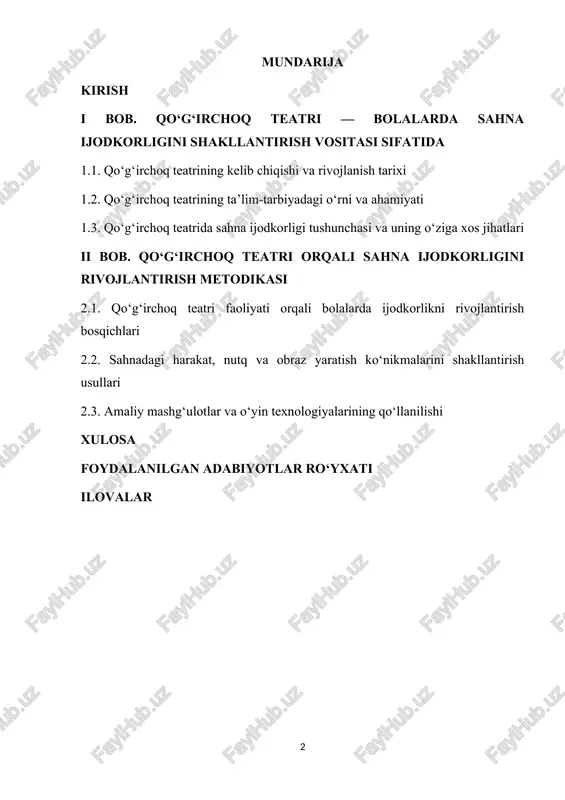ta’lim jarayonida teatr elementlarini qo‘llash, xususan qo‘g‘irchoq teatridan foydalanish – bolalarda badiiy didni, nutq madaniyatini, sahna harakatini, his-tuyg‘ularini ifodalash qobiliyatini, eng muhimi – o‘ziga ishonchni shakllantiradi. bola qo‘g‘irchoq bilan suhbatlashar ekan, o‘z fikrini erkin ifoda etishga o‘rganadi, shuningdek, sahnadagi har bir harakat orqali obraz yaratish, o‘z rolini to‘liq anglashni o‘zlashtiradi. ‘g‘irchoq teatri vositasida ta’lim berish – bu nafaqat bolani o‘qitish, balki uning qalbiga yo‘l topishdir. har bir bola o‘zining ichki dunyosini ifoda etish uchun imkoniyatga muhtoj, qo‘g‘irchoq esa bu jarayonda vositachi sifatida namoyon bo‘ladi. shu boisdan, qo‘g‘irchoq teatrini sahna ijodkorligini rivojlantirishda qo‘llash — pedagogik jarayonning samaradorligini oshirishga xizmat qiladi. o‘zbekiston respublikasi prezidentining 2017-yil 30-sentabrdagi “maktabgacha ta’lim tizimini boshqarishni tubdan takomillashtirish chora-tadbirlari to‘g‘risida”gi farmoni, shuningdek, 2019-yil 8-maydagi “maktabgacha ta’lim tizimini 2030-yilgacha rivojlantirish konsepsiyasi” mazkur sohada olib borilayotgan islohotlarning huquqiy asosini tashkil etadi. ushbu hujjatlar ta’lim jarayonida bolalarning ijodkorligini rivojlantirish, san’at va madaniyat vositalari orqali ularning estetik didini oshirishga alohida e’tibor qaratmoqda. …