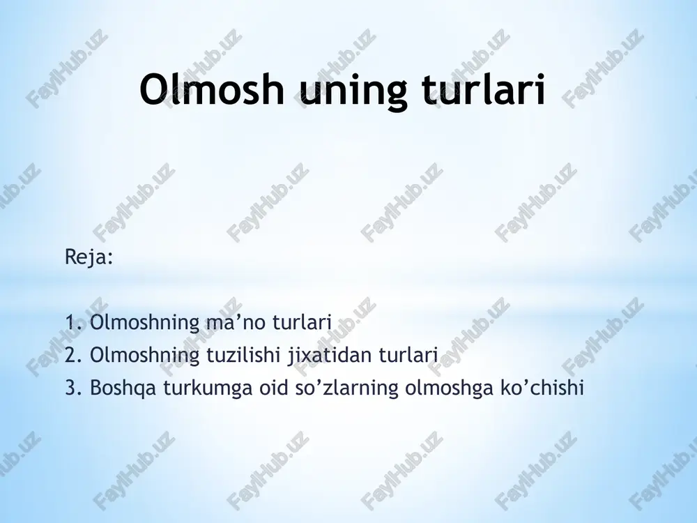 a’zan bpr xil, ba'zan turli xil o` zak juftlanib), bosh q a so„z turkumi nl.shfasida keladi. ba'zi olmoshlarga kelishik sushpmchalarp k.ushilgapda, uzak - da ayrim fonetik o` zgarpshlar sodir biladi: msn - ni — mena, sen - ning — sening, u - ga — unga, shu - da — shunda kabi. (bu h a q da q uyiro q da batafs i l ma'lumot beriladi.) olmoshlarning egalik affikslarini olib qo’llanishi a) ot tipidagi so`roq, olmoshlari, bulisheizlik, belgilash olmoshlari, shuningdek, uz olmoshi egalik affikslarini k.abul k.iladi; b) paytga nisbatan so`roq, bildiruvchi olmoshlar, sabab mak,sadni aniq lash uchun berila - digan so`roq, olmoshlari, i, ii shaxs kishilik olmoshlari ega lik affikslarini olmaydi; v) kishilik - kursatish olmoshi u; saysi, necha kabi so`roq, olmoshlari, asosan, otlashgapda egalik affikslari bilan bnrga sullapadp. egalik affikslariniyg k.ushilishida ay|)nm xususiyatlar mavjud: kursatpsh olmoshlari i va ii shaxs birlyk »a kuplnk, shunin gdek, iii shaxs ko`plik egalik affikslarini …