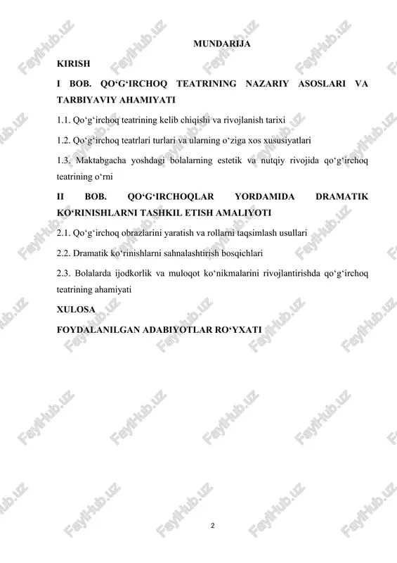 o‘rsatadi. zero, har bir bola kelajakda jamiyatning faol a’zosi, o‘z fikriga ega inson bo‘lishi uchun ilk bosqichdan boshlab unga ijodiy muhit, erkin fikrlash imkoniyati, his-tuyg‘ularini ifoda etish maydoni kerak. bu borada qo‘g‘irchoqlar yordamida dramatik ko‘rinishlar tashkil etish bolalarning psixologik, axloqiy, badiiy va nutqiy rivojiga ijobiy ta’sir ko‘rsatadi. qo‘g‘irchoq teatrida bolalar turli obrazlarga kirib, harakat, mimika, nutq, ifoda, intonatsiya kabi ko‘nikmalarni o‘zlashtiradilar. bu esa ularning nafaqat ijodiy tafakkurini, balki nutq madaniyatini, estetik dunyoqarashini kengaytiradi. shuningdek, qo‘g‘irchoq teatrida ishtirok etish bolalarda o‘ziga ishonch, mustaqil fikrlash, ijtimoiy faollikni kuchaytiradi. hozirgi kunda pedagogika va psixologiya sohasida olib borilayotgan tadqiqotlar shuni ko‘rsatmoqdaki, qo‘g‘irchoqlar yordamida sahnalashtirilgan dramatik ko‘rinishlar bolalarning emotsional holatini barqarorlashtiradi, ular o‘z his-tuyg‘ularini boshqarishni o‘rganadi. bu esa tarbiyaviy jarayonning eng muhim natijalaridan biridir. o‘zbekiston respublikasining “maktabgacha ta’lim to‘g‘risida”gi qonunida ham ta’kidlanishicha, maktabgacha ta’lim bolaning shaxsiy rivojlanishiga, ijodiy qobiliyatlarini namoyon etishga va mustaqil fikrlashini shakllantirishga qaratilgan bo‘lishi kerak. shu bois, qo‘g‘irchoq teatri orqali dramatik ko‘rinishlarni …