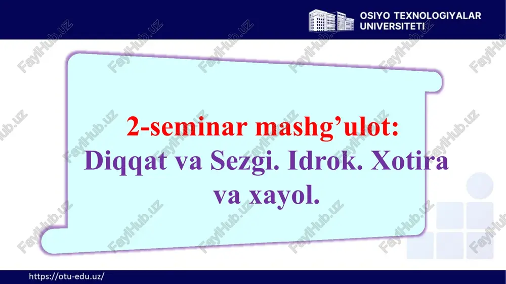 uyqusizlik oqibatlari 10 diqqatni rivojlantirish mashqlar diqqatni jamlash uchun mashqlar. o'yinlar diqqatni o'zgartirish uchun o'yinlar. texnologiyalar diqqatni yaxshilash uchun texnologiyalar. 11 2.2. sezgi haqida umumiy tushuncha. sezgilarning nerv-fiziologik asoslari. sezgilarning turlari. sezgi - bu tashqi dunyodan kelgan ta'sirotlarni qabul qilish jarayoni. u bizning atrofimizdagi olamni anglashimizga yordam beradi. 12 sezgining nerv-fiziologik asoslari nerv sistemasi roli sezgi jarayonida nerv sistemasi muhim rol o'ynaydi. u retseptorlardan miyaga impulslarni uzatadi. retseptorlar retseptorlar tashqi ta'sirotlarni qabul qiluvchi maxsus hujayralardir. nerv impulslari nerv impulslari retseptorlardan miyaga uzatiladi. miya markazlari sezgi uchun javobgardir. 13 retseptorlar turlari mexanoretseptorlar mexanik ta'sirlarni qabul qiladi. xemoretseptorlar kimyoviy moddalarni qabul qiladi. fotoretseptorlar yorug'likni qabul qiladi. termoretseptorlar haroratni qabul qiladi. 14 asosiy sezgi turlari ko'rish eshitish ta'm bilish hid bilish ko'rish, eshitish, ta'm bilish, hid bilish va teri sezgilari asosiy sezgi turlaridir. 15 ko'rish sezgisi mexanizmlari ko'z tuzilishi ko'z murakkab tuzilishga ega. yorug'likni qabul qilish ko'z yorug'likni qabul qiladi. ranglarni ajratish ko'z …