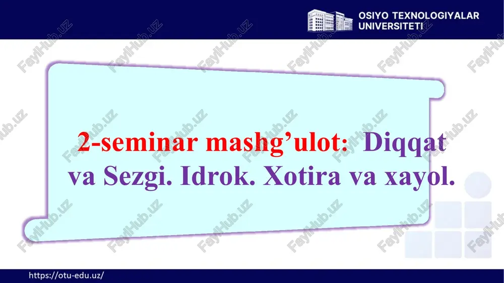 iyatini saqlab turib, bunday faollik, ongning biron bir obyektga yo‘nalishining kuchayishi va ma’lum vaqt davomida diqqat yo‘naltirilgan narsaga ongning faol qaratilishini regulirovka qilib turadi hamda mazkur holatning saqlanishini ta’minlaydi. diqqat sezgi, idrok, xotira, tafakkur, xayol, nutq kabi psixik jarayonlarda qatnashadi, ularning mahsuldorligini oshirishga ta’sir etadi. shu boisdan, diqqat qaratilgan obyektlar ong to‘plangan nuqtasida aniq, yaqqol aks ettiriladi. diqqat individning hissiy, aqliy yoki harakatlantiruvchi faolligi darajasining oshirilishini taqozo etadigan tarzda ongning yo‘naltirilganligi va biror narsaga qaratilganligidir (ye.b.pirogov). berilgan ta’rifga binoan, ushbu yo‘naltirilganlik subyektning ehtiyojlariga, uning faoliyati maqsadlari va vazifalariga mos keladigan obyektlarning tanlanganligida, ixtiyorsiz yoki ixtiyoriy tanlashda va ajratishda vujudga keladi. 7 diqqat muayyan obyektga to‘planishi ko‘p jihatdan insonning his-tuyg‘usi irodaviy sifati qiziqishi 1 2 3 kabilarga bog‘liqdir. 8 his-tuyg‘ular his-tuyg‘ular va emotsional holatlar diqqatning obyekti bilan uzviy bog‘langandagina uning uchun ijobiy ahamiyat kasb etib, ular qanchalik kuchli va ko‘tarinki tarzda namoyon bo‘lsa, demak, diqqat ham shunchalik obyektga mustahkam qaratiladi. hislar, …