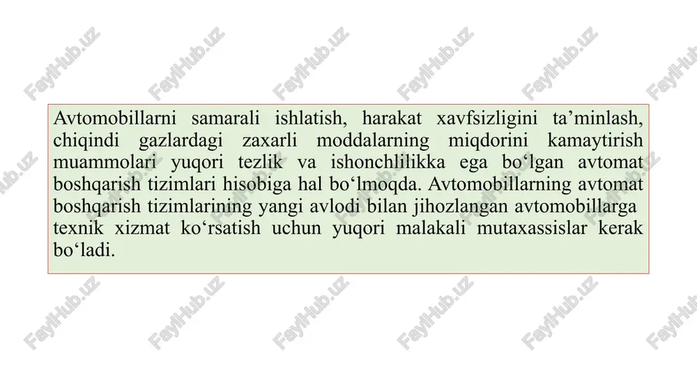 ektr va elektron komponentlar va bloklarni, balki mexanik, gidravlik, yorug‘lik-optik, ultratovush va elektr bo‘lmagan xususiyatlarga ega bo‘lgan boshqa qurilmalarni ham o‘z ichiga olishi mumkin. tizimdagi barcha axborot jarayonlari elektron boshqaruv bloklari (ebb) darajasida va eng yangi tizimlarda, bortli mikroprosessorlarda amalga oshiriladi, boshqarish funksiyasini amalga oshirishda ularning roli asosi hisoblanadi. shu munosabat bilan bortdagi eng so‘nggi avtomatlashtirish tizimlari yangi nom oldi - avtotronik tizimlar. avtotronik tizimlar – bu yirik boshqaruv komplekslari bo‘lib, ular ishlash prinsipi bo‘yicha tarkibiga mexanik, elektr, elektron yoki boshqa biron komponentlar uyg‘unlashtirilgan boshqaruv tizimlaridir. chiqish paytida elektr bo‘lmagan muhit orqali elektrsiz jarayonlarni boshqaruvchi avtotronik tizim, kirish elektr bo‘lmagan muhit tomonidan hosil bo‘ladigan elektr bo‘lmagan signallar bilan boshqariladi. masalan, dvigatelni avtomatik boshqarishning va tormozlarning elektron tizimlari asosida vdc giroskopik tizim ishlab chiqilgan va mashina qiyin haydash sharoitida yo‘lda yo‘nalishni turg‘unligini oshirish uchun ishlatilmoqda. vdc avtotronik tizimi haydovchi va yo‘l o‘rtasidagi funksional aloqada tezlikni, kuzovning egilish burchagini, g‘ildirak tezligining farqini, …