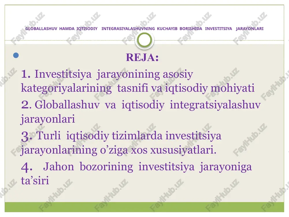 inig tasnifi va iqtisodiy mohiyati www.arxiv.uz xalqaro kapitallar migratsiyasi jahon iqtisodiyotining turli mamlakatlari o’rtasida egalariga qo’shimcha daromad keltiruvchi kapitalning qarama qarshi harakati. jamg’arish hajmi sarflanayotgan kapital qiymatining yalpi ichki mahsulotdagi ulushidir investitsiya jarayonining asosiy kategoriyalarinig tasnifi va iqtisodiy mohiyati www.arxiv.uz kapitalning chetga chiqib ketishi kapitalning bir qismini milliy aylanmadan ajratib olish va unu tegishli shakllarda xorijiy mamlakatlar iqtisodiyotiga o’tkazish jarayonidir. kapital qoyilmalar asosiy fondlarni qayta tiklash, rivojlantirish va yangilashga yo’naltirilgan moddiy xarajatlardir. globallashuv (lotincha globus – yer kurrasi) jahon xo’jaligining butun makonini qamrab oluvchi iqtisodiy munosabatlar yagona tarmog’ining tashkil topishi va rivojlanishini anglatadi. globallashuv jarayoniga qo’shilish - bu dunyoning etakchi davlatlari bilan hamkorlikda bo’lish, ijtimoiy-iqtisodiy va siyosiy sohadagi davlat siyosatining o’zaro manfaatli asosda bu davlatlar siyosatiga mos kelishidir. globallashuv jarayoniga iqtisodiyotni erkinlashtirish, ilmiy-texnik taraqqiyotning tezlashishi, raqobatning kuchayishi va boshqa bir qator belgilar ham xosdir. globallashuv jarayonining quyidagi yo’nalishlarini ajratib ko’rsatish mumkin. mulkchilik munosabatlarining globallashuvi. kooperatsiya va mehnat taqsimotining nisbatan yuqori …