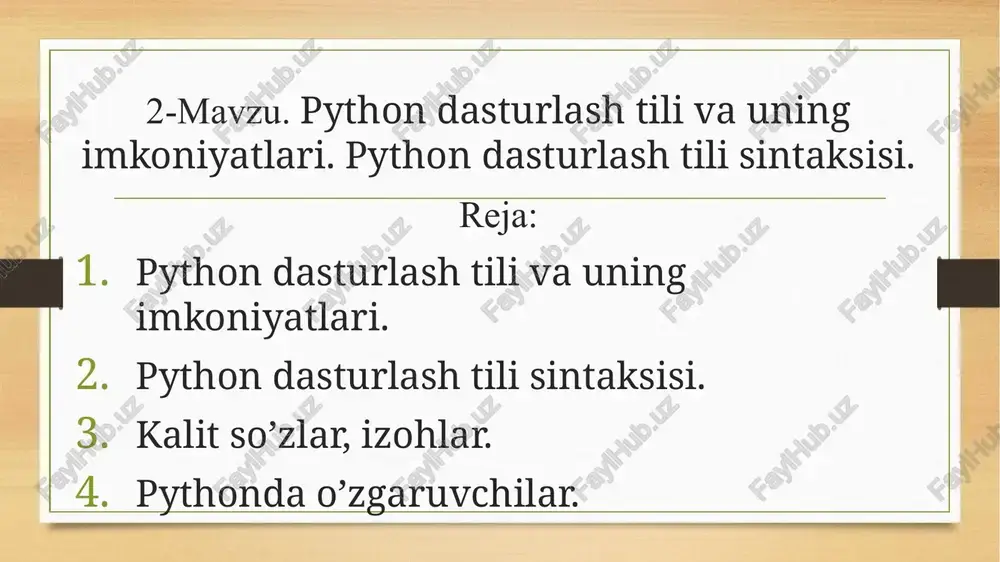 sh joy(otstup) muhim ahamiyatga ega. kiritilgan amallar bo`sh joylarning kattaligiga qarab bloklarga birlashadi. bo`sh joy istalgancha bo`lishi mumkin asosiysi bitta kiritilgan blok chegarasida bo`sh joy bir xil bo`lishi kerak. noto`g`ri qo`yilgan bo`sh joylar xatolik yuz berishiga olib kelishi mumkin. bitta probel bilan bo`sh joy hosil qilish yaxshi qaror emas uni o`rniga to`rta probel yoki tab belgisini ishlatish kerak. odatda dasturlash tillarida abzats kodni oson o’qilishi uchun ishlatiladi. ammo pythonda abzats kodning blokini ajratib ko’rsatadi. pythonga kiritilgan amallar bir xil shablonda yoziladi. bunda asosiy amal ikki nuqta bilan tugatiladi va uning orqasidan kiritilgan blok kodi ham joylashadi. odatda, asosiy amalning ostidagi satr bo`sh joy bilan ajratiladi. bazan bir nechta amalni bitta satrga nuqtali vergul bilan ajratgan holda yozish mumkin. izohlarni hosil qilish print("salom dunyo") #bu yerda izoh kodning biror qismini izohga kiritsak o’sha qism natija bermaydi. quyidagi holatda salom dunyo jumlasi ekranga chiqmaydi. # print ("salom dunyo") print ("dasturlashni o'rganamiz") izohlar …