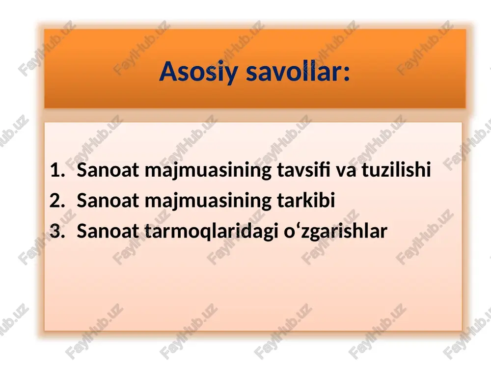 r vositalari ishlab chiqarish, radio va telekommunikatsiya asbob-uskunalari ishlab chiqarish, tib­ biyot, aniq va optik asbob-uskunalar ishlab chiqarish sohalari kiritiladi. 2. 0 ‘rta darajadagi yuqori texnologik ikkinchi guruhga, elektr asbob-uskunalari ishlab chiqarish, avtomobil dvigatellari, treylerlar va yarim treylerlar ishlab chiqarish, kimyo sanoati, temiryo‘l va boshqa transport asbob- uskunalari sanoati, mashinasozlik sanoati kiritiladi. 3. 0 ‘rta darajadan past texnologik. uchinchi guruhga kemasozlik, plastmassa mahsulotlari ishlab chiqarish, neftni qayta ishlash hamda yadro energetikasi mahsulotlari ishlab chiqarish, nometall mineral mahsulotlari, metallurgiya mahsulotlari ishlab chiqarish kiritiladi. 4. texnologik darajasi past sanoat tarmoqlari . so‘nggi texnologik guruhga esa, qayta ishlash sohalari, jumladan, yog‘ochni qayta ishlash, qog‘oz sanoati, poligrafiya- nashr mahsulotlari, oziq-ovqat, to‘qimachilik, tikuvchilik, terini qayta ishlash kabi tarmoqlar kiritiladi. respublikada faoliyat ko'rsatayotgan va yangi tashkil etilgan sanoat korxonalari ( 2024 yil 1 yanvar holatiga) sanoat ishlab chiqarishining asosiy tarmoqlari 2024 yil 1 yanvar holatiga sanoat korxonalari o'zbekistonda 2022 yilning 1 avgust holatiga ko'ra jami faoliyat …