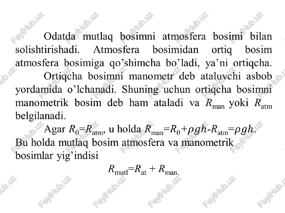 an, differentsial manometrdagi ishchi jism sathlarining farqi h bo’lsa , i shchi jismning zichligi 𝜌 1 idishlar suv bilan to’ldirilgan. hisoblashlarni quyidagi berilganlar asosida bajaring: a) z= 0, 𝜌 1 = 850 kg/m 3 , h 1 = 0,2 m; b) z= 0,5, 𝜌 1 = 13600 kg/m 3 , h 1 = 0,1 m. ye chilishi : balandligi h bo’lgan suyuqlik ustunining og’irlik bosimi 1 va 2 nuqtalardagi bosimlar farqini muvozanatlashtiradi. nuqta 2 va 3 da bosim bir xil, chunki ular bitta tekislikda yotadi. nuqta s dan ajralish chegarasining birinchi nuqtasigacha bo’lgan masofani h 1 belgilab 0 – 0 chizig’iga nisbatan muvozanat tenglamasini yozamiz 𝑃 𝐷 + 𝜌𝑔 ሺ ℎ + ℎ 1 + 𝑍 ሻ = 𝑃 𝐶 + 𝜌𝑔 ℎ 1 + 𝜌 1 𝑔 ℎ . bundan 𝑃 𝐷 − 𝑃 𝐶 = ሺ 𝜌 1 − 𝜌 ሻ 𝑔 ℎ − 𝜌𝑔𝑍 . agar z …