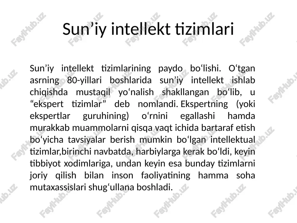 aga erishadi. strategiyani tuzish paytida yangi omillarni baxolab, ularning ta'sirini taxvil etadi. ekspert tizimlarini axborot tizimlari sinfi sifatida ko’rib chiqish mumkin. u foydalanuvchining roziligidan katiy nazar ma'lumotlarni taxlil va taxrir eta oluvchi, qarorni taxlil etib qabul qiladigan, taxliliy-tasnifiy vazifalarni bajara oladigan ma'lumotlar va bilimlar bazasiga ega. jumladan, ekspert tizimlari keladigan axborotlarni gurularga bo’lib tashlay oledi, xulosa chikaradi, identifikatsiyalaydi, tashxis kuyadi, bashoratlashga urgatadi, sharxlab beradi va xokazo. intellektual tizimning strukturasi image1.png image2.png /docprops/thumbnail.jpeg