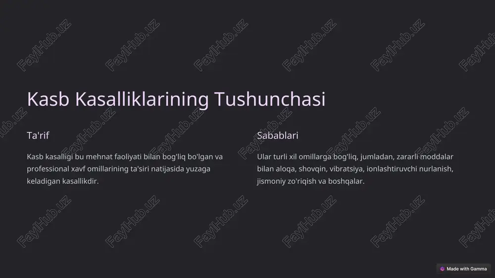 g roli shifokorlar diagnostika qilish, davolashni tayinlash, reabilitatsiya qilish. mehnat muhofazasi mutaxassislari mehnat sharoitlarini nazorat qilish, xavfsizlik qoidalarini o'rgatish. epidemiologlar kasb kasalliklarining tarqalishini o'rganish. * sifatni oshirish 1 innovatsiyalar yangiliklarni qo'llash, zamonaviy diagnostika usullaridan foydalanish. 2 ta'lim mutaxassislarning malakasini oshirish, yangi texnologiyalarni o'rgatish. 3 hamkorlik turli muassasalar o'rtasidagi hamkorlikni kuchaytirish. * xulosa va takliflar kasb kasalliklari oldini olish, diagnostika va davolashni yaxshilash uchun doimiy sa'y-harakatlar talab etiladi. mehnat muhofazasi qonunchiligini takomillashtirish, xodimlarni o'qitish, zamonaviy texnologiyalarni qo'llash muhim ahamiyatga ega. *