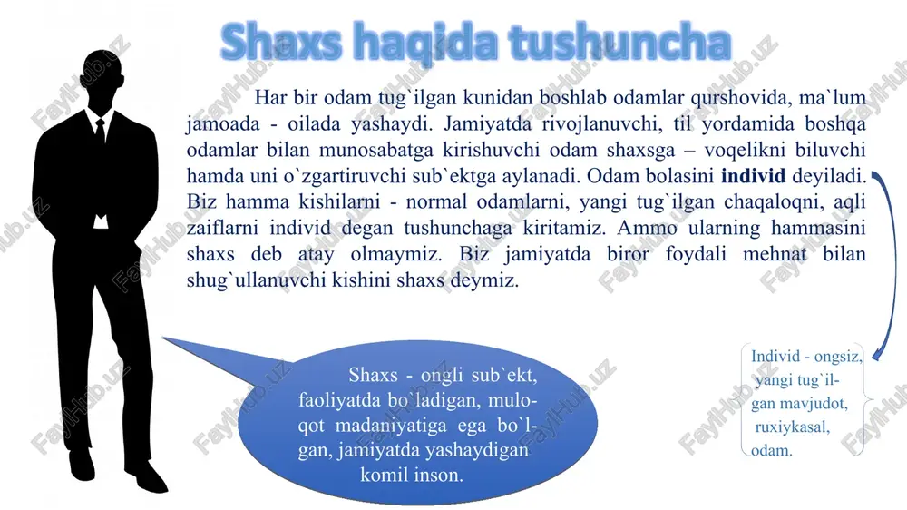 agan narsasini yozishlari mumkin f.myuller va e.gekkel 1 . 2 go’daklik davri - tug‘ilgandan 1 yoshgacha asosiy faoliyat - bevosita emotsional muloqot; ilk bolalik davri- 1 yoshdan 3 yoshgacha; asosiy faoliyat-predmet bilan nozik harakatlar qilish; maktabgacha davr - 3 yoshdan 7 yoshgacha; asosiy faoliyat - rolli o’yinlar; kichik maktab yoshi davri - 7 yoshdan 10 yoshgacha; asosiy faoliyat - o’qish; kichik o’smirlik davri - 10 yoshdan 15 yoshgacha: asosiy faoliyat - shaxsning intim muloqoti; katta o’smirlik yoki ilk o’spirinlik davri 16 yoshdan 17 yoshgacha; asosiy faoliyat - o’qish, kasb tanlash; d.b.elkonin yosh davrllarini quyidagi bosqichlarga ajratishdi: mayl yo`nalganlik hohish intilish qiziqish moyillik ideal dunyoqarash e’tiqod shaxs o`zining faoliyati tufayli tevarak -atrofdagi olam bilan faol munosabatda bo`ladi. shaxsning faolligi deganda odamning atrofdagi tashqi muhitga ko`rsatadigan ta`siri tushuniladi. tashqi muhit bilan faqat odamlar emas, hayvonlar ham o`zaro munosabatda bo`ladilar. lekin hayvonlar tashqi muhitga moslashib yashaydilar, odamlar esa tashqi muhitga moslashib qolmasdan, uni …