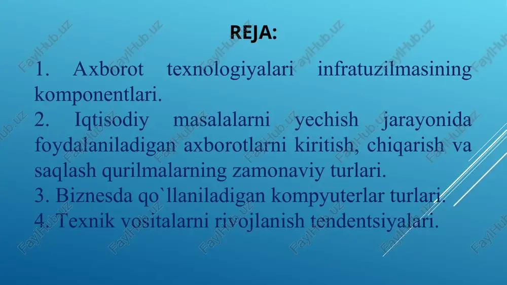k jarayonlarining operatsiyalari axborot texnologiyalarining vositalari – hisoblash majmualari texnologik jarayonni boshqarish- tashkilot boshqaruvi axborot texnologiyalarini predmeti - ma`lumot texnologik jarayonni optimallik mezoni – foydalanuvchilarga axborotlarni o`z vaqtida etkazish, uning ishonchliligi, to`g`ri va to`liqligi axborot texnologiyalari infratuzilmasi ma'lumotlar oqimini, saqlashni, qayta ishlashni va tahlil qilishni qo'llab-quvvatlovchi jismoniy va virtual resurslardan iborat. odatda standart at infratuzilmasi quyidagi tarkibiy qismlardan iborat 2. iqtisodiy masalalarni echish jarayonida foydalaniladigan axborotlarni kiritish, chiqarish va saqlash qurilmalarning zamonaviy turlari. kompyuterning tizimli bloki elektr ta`minlovchi blok videokarta portlar kengaytiruvchi slot ona platasi prosessor tezkor xotira vinchester disketa uchun diskavod sd (dvd) diskovod zamonaviy kompyuterlar ko’p qismlardan iborat bo’lib, ularda har bir uskunaning o’z vazifasi mavjud. korpus turlari gorizontal: · desktop (533 x 419 x 152) · footprint (406 x 406 x 152) · slimline (406 x 406 x 101) · ultraslimline (381 x 352 x 75) vertikal: · minitower (152 x 432 x 432) · miditower (173 …