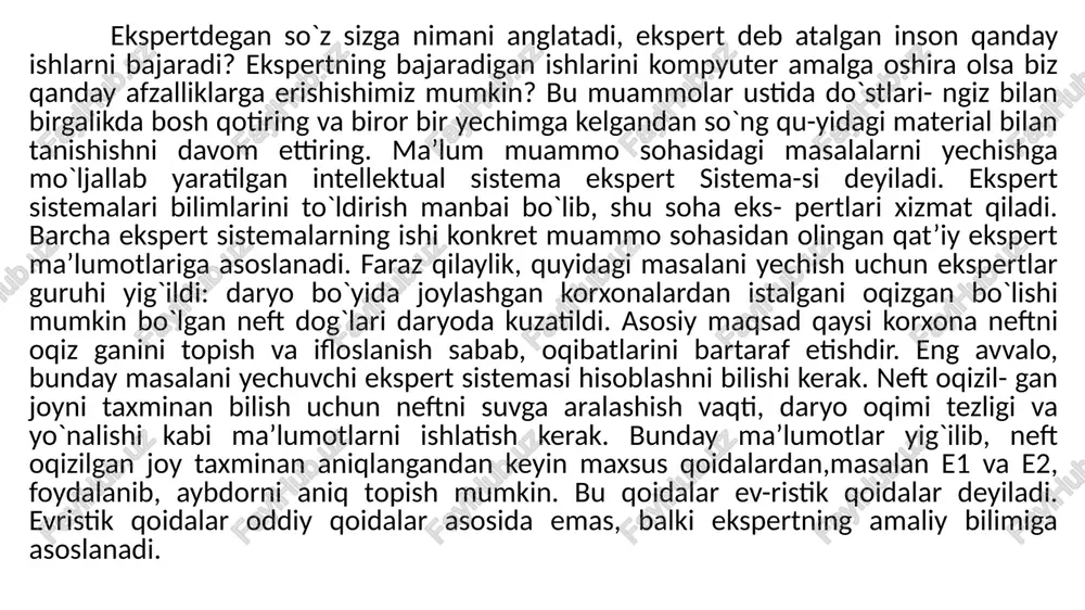 egan vazifani beruvchi eski formallashgan algoritmlardan predmetli soha mutaxassislari tomonidan jamlangan bilimlar bazasida «nimani hal etish kerak» degan mantiqiy dastur-lashtirishga o'tishdir. sun'iy intellektning (si) intellektual xarakterdagi masalalar-ning yechilish usullarini ehm yordamida o'rganuvchi fanning hayotda qo'llanib rivojlanib borishidan ekspert tizimlar (et) vujudga keldi. et lar asosini predmet sohasi ma'lumotlari haqidagi axborot kiritilgan bilimlar bazasi tashkil etadi. bilimlarni et ga taqdim etishning ikki asosiy shakli: faktlar va qoidalar mavjud. faktlar — hodisa va jarayonlarning miqdoriy va sifat ko'rsatkich-larini qayd etadi. qoidalar — odatda sabab va oqibatlarni bog'lovchi mantiqiy sharoitlar ko'rinishidagi faktlararo nisbatlarni bayon etadi. si tizimlari 40 yildan ko'proq tarixiy rivojlanish jarayonini boshidan kechirgandir. paydo bo'lishidanoq teoremani avtomatik isbotlash, mashina tarjimasi (bir mashina tilidan boshqa tilga o'girish), tasvirlarni o'rganish va tahlil qilish, robotlar ishini rejalashtirish, o'yinlar algoritmi va strategiyasi kabi yechimini kutayotgan masalalarni qamrab olgan yechimni topish. ekspert tizimlar — bu malakali ekspertlar darajasida foydalanuvchilar qarorlarini tayyorlashning tor ixtisoslashtirilgan sohasida bilimlarni qayta …
