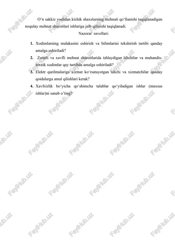 shlaydigan ishchilar va muhandis-texnik xodimlar qay tartibda amalga oshiriladi? 3. elektr qurilmalariga xizmat ko‘rsatayotgan ishchi va xizmatchilar qanday qoidalarga amal qilishlari kerak? 4. xavfsizlik bo‘yicha qo‘shimcha talablar qo‘yiladigan ishlar (maxsus ishlar)ni sanab o’ting?