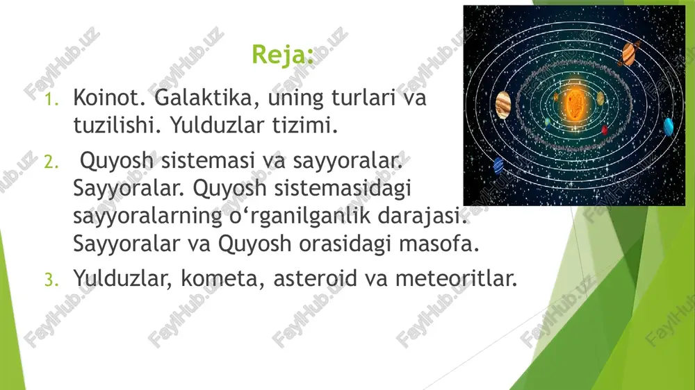 ining 0,093 % to‘g‘ri keladi. quyosh yuzasi yer yuzidan 12 ming marta katta, hajmi esa yer hajmidan 1 mln 300 ming marta ziyoddir. yeming massasi esa quyosh massasidan 333 ming marta kichik. hamma sayyoralar massasini birga qo‘shib hisoblaganda ham quyosh massasi undan 750-marta katta. sayyoralar. quyosh atrofida aylanadigan, quyoshdan kelayotgan nurni aks ettiradigan sovuq osmon jismlari sayyoralar deb ataladi. sayyoralar atrofida aylanadigan kichik sayyoralar – yo’ldoshlar deb ataladi. sayyoralardagi jismlar qattiq suyuq, gaz ( plazma) holatida uchraydi. merkuriy merkuriy 800 f (kunduzi)gacha bo'lgan ekstremal harorat o'zgarishlariga ega -270 gachaf (tungi vaqt). bu quyoshga eng yaqin sayyora bo'lsa ham, olimlar merkuriyda muz borligiga ishonishadi! venera venera quyosh va oydan keyin osmondagi eng yorqin ob'ektdir, chunki uning atmosferasi quyosh nurini juda yaxshi aks ettiradi. odamlar buni ko'pincha yulduz deb atashadi. uning maksimal sirt harorati 900f ga yetishi mumkin. veneraning yo'ldoshlari yo'q va orbitani to'liq aylanishi uchun 225 kun kerak bo'ladi. yer yer …