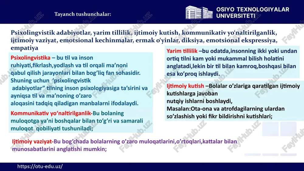 motsional ekspressiya –bu insonnig his-tuyg’ularini tashqi ravishda , ya’ni mimika,jismoniy harakatlar,ovoz tonlari va nutq orqali ifodalash jarayoni empatiya –bu boshqalarning his-tuyg’ularini his qilish qobiliyati; kichik yoshdagi bolalar nutqini o'stirish vazifalari muloqot ko'nikmalarini rivojlantirish uch-besh yoshli bolalarda kattalarning mehriga, ularning tushunishiga va u bilan muloqot qilishiga ehtiyoj saqlanib qoladi. kattalarga nisbatan ishonchga asoslangan muloqot va uning emotsional ahvolini his qilishga qodirlik rivojlanadi. qiziqarli mavzularda muloqot kattalar bilan muloqotning yangi shakli – qiziqarli mavzularda muloqot qilish vujudga keladi va rivojlanadi. bola hayotining beshinchi yili oxiriga kelib muayyan vaziyat bilan bog'liq bo'lmagan bilish mavzularidagi "nazariy" muloqot ko'rinishiga ega bo'ladi. tengdoshlar bilan muloqot bola hayotining to'rtinchi yilida tengdoshi uning uchun birgalikdagi amaliy faoliyat ishtirokchisi, o'yindagi sherik sifatida qoladi. besh yoshga kelib, tengdoshlari bilan muloqotga va ular bilan bolalar jamiyatini vujudga keltiradigan birgalikdagi o'yinlarga bo'lgan ehtiyoj keskin ortadi. 4 kommunikativ ko'nikmalarning rivojlanishi salomlashish va xayrlashish bola salomlashadi va xayrlashadi, do'stini ismini aytib chaqiradi, to'rt-besh yoshlarga …
