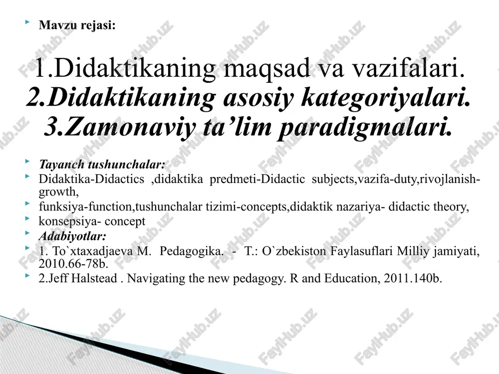 sh ham”, deb ta’kidlaydi. mazkur asarda olim ta’lim nazariyasining muhim masalalari: ta’lim mazmuni, ta’limning ko`rgazmaliligi, ketma-ketligi kabi tamoyillari, sinf-dars tizimi borasida so`z yuritadi. 2.didaktikaning predmeti, funksiyalari va vazifasi. pedagogika fani ta’lim va tarbiya jarayonini ularning yaxlitligi va birligi asosida o`rganadi. ikki faoliyatning har birining mohiyatini aniq bayon etish uchun didaktika (ta’lim nazariyasi) va tarbiya nazariyasini ajratib ko`rsatadilar. hozirgi davrda didaktika o`qitishning mazmuni, metodlari va tashkiliy shakllarini ilmiy asoslab beruvchi pedagogika sohasi sifatida tushuniladi. umumiy didaktikadan tashqari xususiy didaktikalar yoki alohida fanlar bo`ycha ta’lim metodikasi deb ataluvchi didaktikalar ham mavjud. ularning mazmuni ta’limning ma’lum bosqchlarida u yoki bu fanlarni o`rganish va ta’lim berishning nazariy asoslarini belgilaydi. har bir o`qituvchi didaktika asoslarini puxta bilishi va ularga tayangan holda faoliyatni tashkil etishi zarur. didaktikaning vazifalari quyidagilardan iborat: - ta’lim jarayonlari va ularni amalga oshirish shartlarini ta’riflash va tushuntirish; - ta’lim jarayonini yanada mukammal tashkil etish, ya’ni, ta’lim tizimlari va texnologiyalarini ishlab chiqish; - …