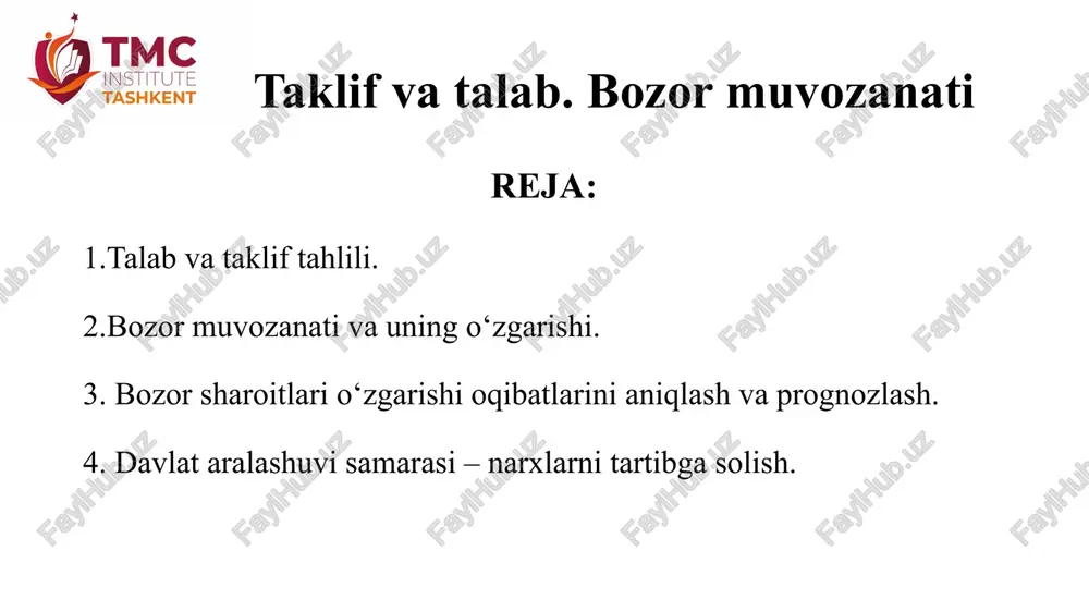 bi yetadi. bundan ko`rinib turibdiki, narxlar talabning shakllanishida hal qiluvchi ahamiyat kasb etadi. ammo talab hajmi va haqiqatda xarid qilingan tovarlar hajmi o`rtasida farq mavjudligini e′tiborga olish lozim. talab hajmi faqat xaridorlarning bozordagi hatti-harakatini ifodalaydi, haqiqatda xarid qilinadigan tovarlar hajmi esa – xaridorlar va sotuvchilar tomonidan birgalikda aniqlanadi kuzatishlarning ko`rsatishicha, boshqa omillar o`zgarmaganda, narxlarning oshishi talab hajmini qisqarishiga va aksincha narxlarning pasayishi talab hajmini oshishiga olib keladi. tovarning narxi bilan unga bo`lgan talab miqdori o`rtasida teskari bog`liqlik mavjud bo`lib, iqtisodchilar uni talab qonuni deb atashadi. talab qonuning mohiyatini quyidagi sabablar bilan izohlash mumkin: iste′molchilar uchun narxlar o`ziga xos signal vazifasini o`taydi. qimmat narxlar iste′molchilarning ne′matlarni xarid etishga bo`lgan xohishini pasaytirsa, arzon narxlar tovarni xarid qilishga moyil bo`lgan xaridorlar sonini ko`paytiradi. “chegirmalar orqali sotuvlar” firmalarning talab qonuniga qanchalik amal qilishining yaqqol ifodasidir. aksariyat ne′matlarning qo`shimcha birligini xarid qilishdan olinadigan qoniqish, ya′ni chekli naflilik darajasi pasayib boradi. iste′molchilar “chekli naflilikning kamayib borish …