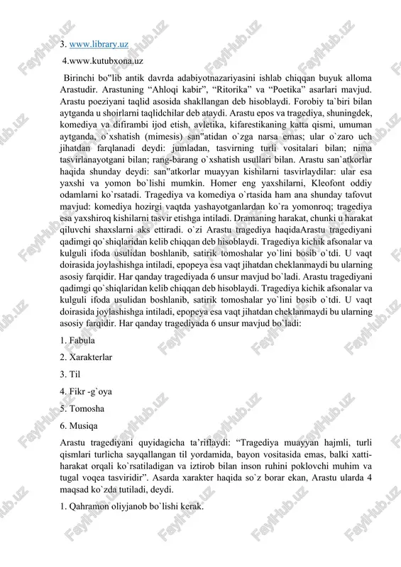 ular o`zaro uch jihatdan farqlanadi deydi: jumladan, tasvirning turli vositalari bilan; nima tasvirlanayotgani bilan; rang-barang o`xshatish usullari bilan. arastu san`atkorlar haqida shunday deydi: san‟atkorlar muayyan kishilarni tasvirlaydilar: ular esa yaxshi va yomon bo`lishi mumkin. homer eng yaxshilarni, kleofont oddiy odamlarni ko`rsatadi. tragediya va komediya o`rtasida ham ana shunday tafovut mavjud: komediya hozirgi vaqtda yashayotganlardan ko`ra yomonroq; tragediya esa yaxshiroq kishilarni tasvir etishga intiladi. dramaning harakat, chunki u harakat qiluvchi shaxslarni aks ettiradi. o`zi arastu tragediya haqidaarastu tragediyani qadimgi qo`shiqlaridan kelib chiqqan deb hisoblaydi. tragediya kichik afsonalar va kulguli ifoda usulidan boshlanib, satirik tomoshalar yo`lini bosib o`tdi. u vaqt doirasida joylashishga intiladi, epopeya esa vaqt jihatdan cheklanmaydi bu ularning asosiy farqidir. har qanday tragediyada 6 unsur mavjud bo`ladi. arastu tragediyani qadimgi qo`shiqlaridan kelib chiqqan deb hisoblaydi. tragediya kichik afsonalar va kulguli ifoda usulidan boshlanib, satirik tomoshalar yo`lini bosib o`tdi. u vaqt doirasida joylashishga intiladi, epopeya esa vaqt jihatdan cheklanmaydi bu ularning …