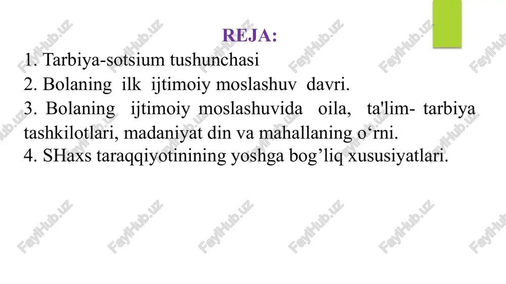 tli vazifani bajarish bilan birga, ta`lim-tarbiya ishlarini sifatli hal etishga ijodiy yondoshib, o`z kasbiy mahoratini faollashtirib boradi. bolalarni sevish-pedagogning murakkab mehnatini jozibali va yengil qiladi. . 5 bolani tarbiyalash nihoyatda qiyin va murakkab jarayon bo‘lib, juda qadimdan ushbu faoliyatga jamiyatning yetuk kishilari jalb etilgandir. xususan, qadimgi gretsiya va rim tarixidan yaxshi bilamizki, miloddan avvalgi davrlarda ham yosh avlod tarbiyasi o‘zining ma’naviy qiyofasi va aqliy qobiliyati bilan jamiyat a’zolari o‘rtasida yuksak hurmat ehtiromga sazovor bo‘lgan kishilar, ya’ni donishmandlar zimmasiga ishonib topshirilgandir. ushbu holat yosh avlod tarbiyasi uning tashkil etilishi mazmunini faqat shaxs kamolotini emas, balki jamiyat taraqqiyotini ta’minlashda muhim ahamiyatga ega ekanligini anglatadi. 6 alisherning she’riyatdagi ilk ustozi tog‘asi mir sayyid kobuliy va muhammad ali gʻaribiylardir. xindistonlik ustozi amir xusrav dehlaviydir. dastlab imom buxoriyga buxoroda ko‘zga ko‘ringan muhaddislardan muhammad ibn salom poykandiy, muhammad ibn yusuf poykandiy, abdulloh ibn muhammad masnadiy, ibrohim ibn ash’as ta’lim bergan. tarbiyachi- pedagog tarbiyachi-maxsus pedagogik, psixologik va …