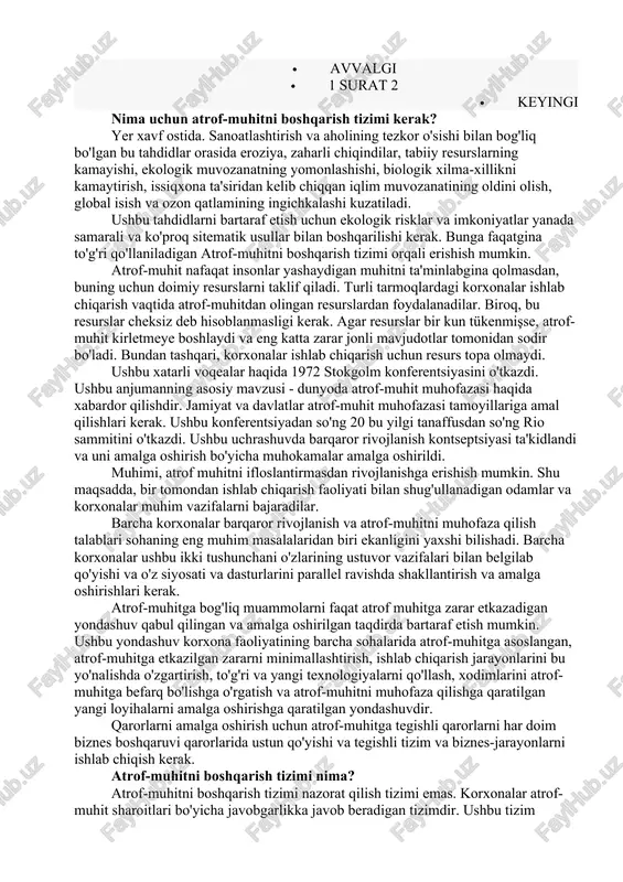 h mumkin. shu maqsadda, bir tomondan ishlab chiqarish faoliyati bilan shug'ullanadigan odamlar va korxonalar muhim vazifalarni bajaradilar. barcha korxonalar barqaror rivojlanish va atrof-muhitni muhofaza qilish talablari sohaning eng muhim masalalaridan biri ekanligini yaxshi bilishadi. barcha korxonalar ushbu ikki tushunchani o'zlarining ustuvor vazifalari bilan belgilab qo'yishi va o'z siyosati va dasturlarini parallel ravishda shakllantirish va amalga oshirishlari kerak. atrof-muhitga bog'liq muammolarni faqat atrof muhitga zarar etkazadigan yondashuv qabul qilingan va amalga oshirilgan taqdirda bartaraf etish mumkin. ushbu yondashuv korxona faoliyatining barcha sohalarida atrof-muhitga asoslangan, atrof-muhitga etkazilgan zararni minimallashtirish, ishlab chiqarish jarayonlarini bu yo'nalishda o'zgartirish, to'g'ri va yangi texnologiyalarni qo'llash, xodimlarini atrof-muhitga befarq bo'lishga o'rgatish va atrof-muhitni muhofaza qilishga qaratilgan yangi loyihalarni amalga oshirishga qaratilgan yondashuvdir. qarorlarni amalga oshirish uchun atrof-muhitga tegishli qarorlarni har doim biznes boshqaruvi qarorlarida ustun qo'yishi va tegishli tizim va biznes-jarayonlarni ishlab chiqish kerak. atrof-muhitni boshqarish tizimi nima? atrof-muhitni boshqarish tizimi nazorat qilish tizimi emas. korxonalar atrof-muhit sharoitlari …