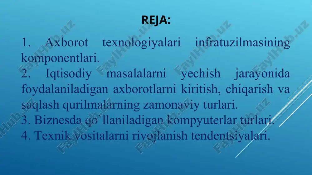 – hisoblash majmualari texnologik jarayonni boshqarish- tashkilot boshqaruvi axborot texnologiyalarini predmeti - ma`lumot texnologik jarayonni optimallik mezoni – foydalanuvchilarga axborotlarni o`z vaqtida etkazish, uning ishonchliligi, to`g`ri va to`liqligi axborot texnologiyalari infratuzilmasi ma'lumotlar oqimini, saqlashni, qayta ishlashni va tahlil qilishni qo'llab-quvvatlovchi jismoniy va virtual resurslardan iborat. odatda standart at infratuzilmasi quyidagi tarkibiy qismlardan iborat 2. iqtisodiy masalalarni echish jarayonida foydalaniladigan axborotlarni kiritish, chiqarish va saqlash qurilmalarning zamonaviy turlari. kompyuterning tizimli bloki elektr ta`minlovchi blok videokarta portlar kengaytiruvchi slot ona platasi prosessor tezkor xotira vinchester disketa uchun diskavod sd (dvd) diskovod zamonaviy kompyuterlar ko’p qismlardan iborat bo’lib, ularda har bir uskunaning o’z vazifasi mavjud. korpus turlari gorizontal: · desktop (533 x 419 x 152) · footprint (406 x 406 x 152) · slimline (406 x 406 x 101) · ultraslimline (381 x 352 x 75) vertikal: · minitower (152 x 432 x 432) · miditower (173 x 432 x 490) · bigtower …