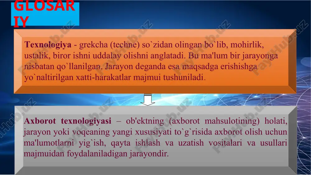 - axborot olish ma`lumotlarni qayta ishlash texnologik jarayonlarining operatsiyalari axborot texnologiyalarining vositalari – hisoblash majmualari texnologik jarayonni boshqarish- tashkilot boshqaruvi axborot texnologiyalarini predmeti - ma`lumot texnologik jarayonni optimallik mezoni – foydalanuvchilarga axborotlarni o`z vaqtida etkazish, uning ishonchliligi, to`g`ri va to`liqligi axborot texnologiyalari infratuzilmasi ma'lumotlar oqimini, saqlashni, qayta ishlashni va tahlil qilishni qo'llab-quvvatlovchi jismoniy va virtual resurslardan iborat. odatda standart at infratuzilmasi quyidagi tarkibiy qismlardan iborat 2. iqtisodiy masalalarni echish jarayonida foydalaniladigan axborotlarni kiritish, chiqarish va saqlash qurilmalarning zamonaviy turlari. kompyuterning tizimli bloki elektr ta`minlovchi blok videokarta portlar kengaytiruvchi slot ona platasi prosessor tezkor xotira vinchester disketa uchun diskavod sd (dvd) diskovod zamonaviy kompyuterlar ko’p qismlardan iborat bo’lib, ularda har bir uskunaning o’z vazifasi mavjud. korpus turlari gorizontal: · desktop (533 x 419 x 152) · footprint (406 x 406 x 152) · slimline (406 x 406 x 101) · ultraslimline (381 x 352 x 75) vertikal: · minitower (152 x …