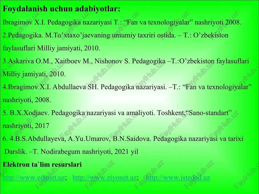 ita usullari, uni tashkil etish muammolarini o’rganadi. tarbiya muayyan, aniq maqsad hamda ijtimoiy-tarixiy tajriba asosida yosh avlodni har tamonlama o’stirish, uning ongi, xulq-atvori va dunyoqarashini tarkib toptiruvchi uzluksiz jarayonidir. iqtisod tarbiya turlari axloqiy aqliy jismoniy estetik gigenik ekologik mehnat sharqda buyuk allomalar - muhammad muso al-xorazmiy, abu nasr forobiy, abu rayќon beruniy, abu ali ibn sino, ahmad al-farg’oniy, g’arbda esa t.mor, t.kampanella, e.rotterdamskiy, f.rable, m.monten va boshqalar tomonidan har tomonlama rivojlangan, ruhiy va jismoniy jihatdan sog’lom, antik dunyo va burjaziya davri yutuqlari asosida ilmiy bilimlarni o’zlashtira olgan shaxsni tarbiyalash g’oyasi ilgari surildi va puxta asoslab berildi. aynan shu davrda pedagogika fani asoslari muayyan tizimga solindi va ilmiy jihatdan asoslandi. bu o’rinda pedagogika fani rivojiga o’zining munosib hissasini qo’shgan mutafakkirlar: g’arbda - ya.a.komenskiy, d.didro, j.j.russo, f.gerbart, v.v.disterveg, a.s.makarenko, v.a.suxomlinskiy, sharqda i.ibrat, s.siddiqiy, a.shakuriy, s.ayniy, a.avloniy, a.fitrat, h.h.niyoziy, m.abdurashidov, m.behbudiylar shaxsga ta’lim berish va uni tarbiyalash borasidagi šarashlarni yanada boyitdilar hamda ta’lim …