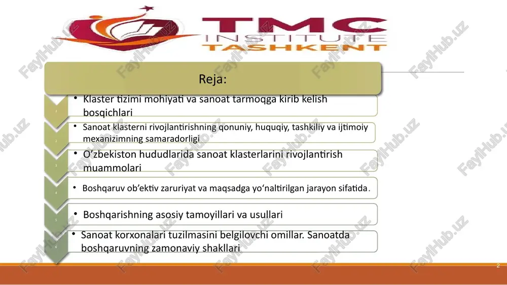 unchasiga quyidagi ta’riflar berilgan: klaster-bitta sohaga birlashgan va bir-biri bilan uzviy aloqa bo‘lgan korxonalar guruhi; -klaster – bitta geografik hududda joylashgan va bitta tarmoqni tashkil qiladigan korxonalar guruhi; -klaster – maxsus sohalar bo‘yicha bitta geografik hududda faoliyat yuritayotgan, bir-biri bilan bog‘liq bo‘lgan va bir-birini to‘ldiruvchi kompaniyalar, institutlar guruhi; -klaster – gorizontal va vertikal ravishda funksional bog‘liq bo‘lgan korxonalar guruhi; -klaster – jamoaviy, xususiy va yarim jamoaviy ko‘rinishda bir- biri bilan bog‘liq va o‘zaro bir-biri to‘ldiruvchi korxonalar, tadqiqot va rivojlanish institutlari guruhi; -klaster – tijorat va notijorat tashkilotlari guruhi bo‘lib, u guruhda faoliyat yuritayotgan har bir korxonaning raqobatbardoshligini ta’minlashga xizmat qiladi; – klaster – hududiy konsentratsiyalashuvga asoslangan va texnolo- gik zanjirga bog‘langan tovar va xomashyo yetkazib beruvchilar, asosiy ishlab chiqaruvchilarni birlashtirgan industrlashgan majmua. 6 “klaster” nazariyasi evolutsiyasidan uning ikki fundamental tavsifini ajratib ko‘rsatishimiz mumkin. sanoat klasterlari, avvalo, shu tarmoq ichidagi raqobatga mahalliy va jahon bozorlarida bardosh beradi. iqtisodiyotni innovatsion taraqqiy ettirishda, …