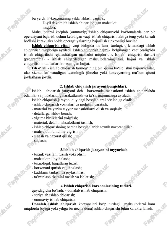 chiqarish takti, deb davriy ravishda korxonadan mahsulotning donalab chiqib turish vaqt intervaliga aytiladi. takt miqdori analitik usulda quyidagicha hisoblanishi mumkin: bu yerda f-korxonaning yilda ishlash vaqti, s; d-yil davomida ishlab chiqariladigan mahsulot miqdori. mahsulotlarni ko‘plab (ommaviy) ishlab chiqaruvchi korxonalarda har bir operasiyani bajarish uchun ketadigan vaqt ishlab chiqarish taktiga teng yoki karrali bo‘lishi kerak, aks holda operag‘iyalarning bajarilish sipxronligi buziladi. ishlab chiqarish ritmi- vaqt birligida ma’lum turdagi, o‘lchamdagi ishlab chiqarilish miqdoriga aytiladi. ishlab chiqarish hajmi- belgilangan vaqt oralig‘ida ishlab chiqarilishi rejalashtrilgan mahsulot miqdoridir. ishlab chiqarish dasturi (programma) - ishlab chiqariladigan mahsulotlarning turi, hajmi va ishlab chiqarilishi muddatlari ko‘rsatilgan hujjat. ish o‘rni - ishlab chiqarish tarmog‘ining bir qismi bo‘lib ishni bajaruvchilar, ular xizmat ko‘rsatadigan texnologik jihozlar yoki konveyerning ma’lum qismi joylashgan joydir. 2. ishlab chiqarish jarayoni bosqichlari. ishlab chiqarish jarayoni deb korxonada mahsulotni ishlab chiqarishda odamlar va jihozlarning harakatlanish va ta’sir majmuasiga aytiladi. ishlab chiqarish jarayoni quyidagi bosqichlarni o‘z ichiga oladi: …