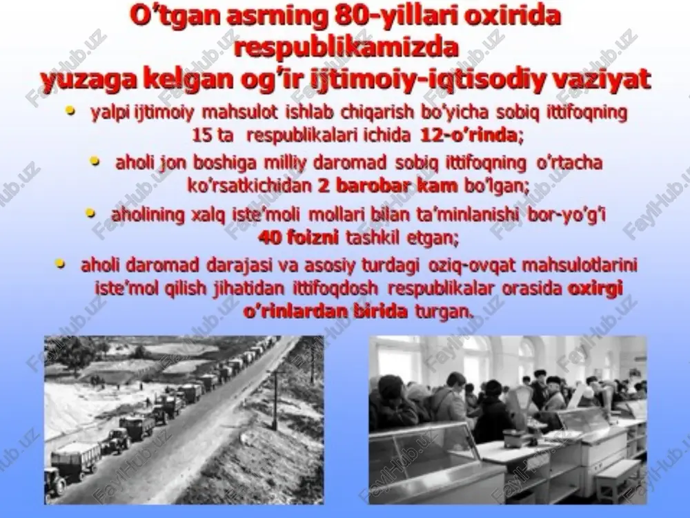 nda 1700 ta maktab avariya holatida edi. aholi jon boshiga hisoblaganda, daromadi 75 so’mdan oshmaydigan 8 million 800 mingga yaqin odam, respublika aholisining 45 foizi qashshoqlikda kun kechirardi. o’zimizda yetishtirilgan paxta xomashyosining aksariyati chetga tashib ketilib, xalq iste’molini qondirish uchun tashqaridan har yili 8-9 milliard so’mlikka yaqin tayyor mahsulot olib kelingan. ya’ni, yurtimizda shunchalik boy xomashyo resurslari bo’lishiga qaramasdan, ulardan deyarli tayyor mahsulot ishlab chiqarilmagan. yillar davomida yig’ilib kelgan va nihoyat, 90-yillarga yaqin ijtimoiy portlash darajasiga yetgan bunday og’ir muammolar haqida birinchi marta islom karimov ochiq gapirib, ularni hal etish masalasini kun tartibiga qat’iy qilib qo’yadi. i.karimovning siyosiy, iqtisodiy, ijtimoiy, madaniy-ma’naviy sohalarga  o’zbekiston hayotining deyarli barcha jabhalariga taalluqli bo’lgan muammolarni aniq raqam va ko’rsatkichlar asosida bilishi va ularning yechimini aniq ko’rsatib berishi uning qalbida islohot g’oyalari, mustaqillik g’oyasi uzoq yillar davomida shakllanib borganini ko’rsatadi. shu ma’noda, “o’zbekiston mustaqillikka erishish ostonasida” kitobi yaqin tariximizning eng murakkab va tahlikali davri bo’lgan …