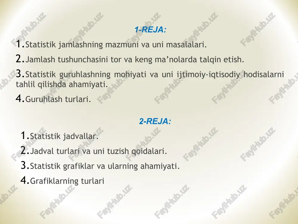 va ma’muriy tomondan tobelik jihatidan materiallarni jamlash lozimligi kabi masalalar yechiladi; jamlash rejasida esa kim va qanday tartibda jamlashning bajarilishi, uning natijalarini qanday rasmiylashtirish va matbuotda ma’lumotlarning qaysi qismini nashr etish kabi tashkiliy masalalar yoritiladi.. 3. 2. o‘rganilayotgan ob’ekt haqida tegishli ma’lumotlar to‘plangandan so’ng jamlash va guruhlash ishlari amalga oshiriladi. masalan, 2023 yil uchun mehnat resurslari ko’rsatkichini olaylik 19 517,5 ming kishi 77,1 22,9 13 706,2 ming kishi ulushi, % 4 478,6 ming kishi 1 788,0 ming kishi 594,8 ming kishi o’qituvchilar va talabalar 2 095,8 ming kishi ixtiyoriy ishlamaydigan shaxslar bola parvarishi bilan bandlar rasmiy sektorda bandlar norasmiy sektorda bandlar rasmiy ravishda ro’yxatga olingan ishsizlar ishga joylashtirishga muxtoj mehnat bilan band bo’lmagan aholi iqtisodiy faol aholi iqtisodiy nofaol aholi 6 354,1 ming kishi 5 500,4 ming kishi 49,0 ming kishi 1 283,7 ming kishi bandlar ishsizlar 15 038,9 ming kishi 1 332,7 ming kishi ulushi 39,9 % ulushi 13,3 …