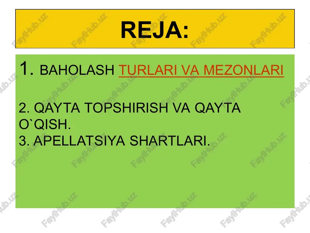 i: davlat ta’lim standartlari va malaka talablariga asoslanganlik, aniqlik, haqqoniylik, ishonchlilik, bilimlarni baholashda shaffoflikni ta’minlash; o‘quv materialining talabalar tomonidan tizimli ravishda va belgilangan muddatlarda o’zlashtirilishini tashkil etish va tahlil qilish; talabalarda mustaqil ishlash ko’nikmalarini rivojlantirish, axborot resurslari manbalaridan samarali foydalanishni tashkil etish; talabalar bilimini xolis va adolatli baholash hamda uning natijalarini o’z vaqtida ma’lum qilish; talabalarning o‘quv rejasi doirasida kompleks hamda uzluksiz tayyorgarligini ta’minlash; o‘quv jarayonining tashkiliy ishlarini kompyuterlashtirishga sharoit yaratish. 3. fanlar bo’yicha talabalar bilimini semestr davomida baholab borish nazorat jadvallari va baholash mezonlari asosida amalga oshiriladi. 4. sinov birliklari, baholash mezoni dasturda belgilangan ta’lim natijalarini aks ettirgan holdagina o’zlashtiriladi. agar belgilangan natijalariga erisha olmasa, sinov birlikla ta’lim natijalarini aks ettirgan talabaga o’zlashtirish miqdori dastur elementiga berilgan sinov birliklari mazkur tartibga muvofiq fan o‘quv dasturi mazmunini o’zlashtirish balidan qat’iy nazar) taqdirda, u tegishli fan bo‘yicha o‘zlashtirgan (ta’lim kredit tizimi sharoitlarida amalga oshirilganda kreditlarning zarur sonini to’plagan) deb hisoblanadi. 5. …