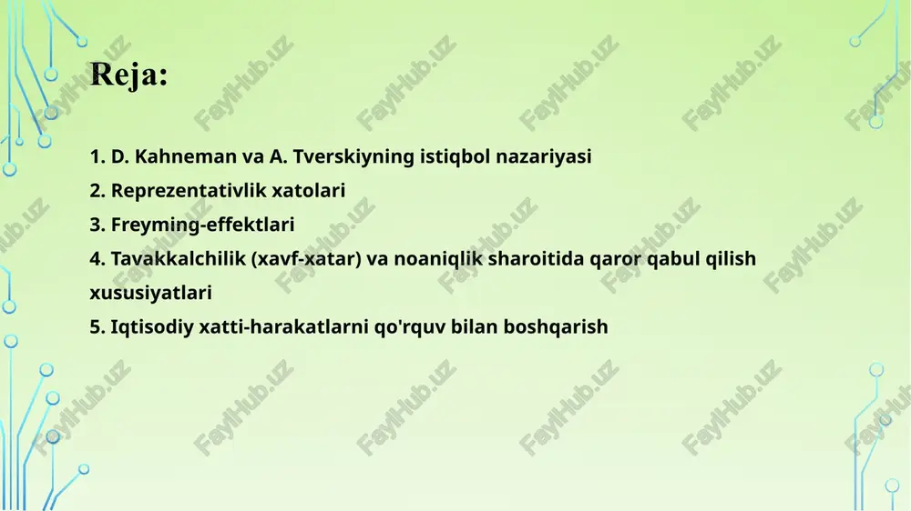 biy, yutuqlar bo'lsa ijobiy deb baholaydi; v) sezgirlikning pasayishi: yutuqlar va yo'qotishlarning maksimal qiymati ularning hajmi oshishi bilan kamayadi. ushbu model iste'molchilar tomonidan tanlashning uchta kognitiv tamoyiliga asoslanadi: - mumkin bo'lgan oqibatlarni baholash neytral mos sanoq (hisob) nuqtasiga yoki moslashish darajasiga nisbatan amalga oshiriladi. sezuvchanlikni pasaytirish printsipi boylik dinamikasini baholashda ishlaydi. yo'qotishlarni qabul qilmaslik printsipi. iste'molchilar katta yo'qotishlarga yo'l qo'ymaslik uchun qo'shimcha xarajatlarni o'z zimmalariga olishga tayyor, ammo katta yutuqlarga erishish uchun bunday xarajatlarga borishga tayyor emaslar. yo'qotishlar daromaddan ko'ra hissiyotliroq/yurakka yaqinroq (kuchliroq) qabul qilinadi. olimlar, pertseptual moslashuv o'xshashligiga asoslanib, qaror qabul qilish boshlang'ich nuqtaga (vaziyat baholanadigan oldingi holat) bog'liq bo'ladi, ya'ni odamlar bir xil vaziyatlarga biror narsani yo'qotish yoki yutishlariga qarab turlicha munosabatda bo'lishadi, deb hisoblashadi. istiqbol nazariyasining o'ziga xos xususiyati shundaki, mos yozuvlar nuqtasi iste'molchilar mumkin bo'lgan natijalarni baholashda juda muhim nuqta hisoblanadi. shu asosda quyidagi xulosalar chiqariladi: birinchidan, inson kelajakdagi daromadlarni mutlaq ma'noda baholay olmaydi, ularni odatdagi …