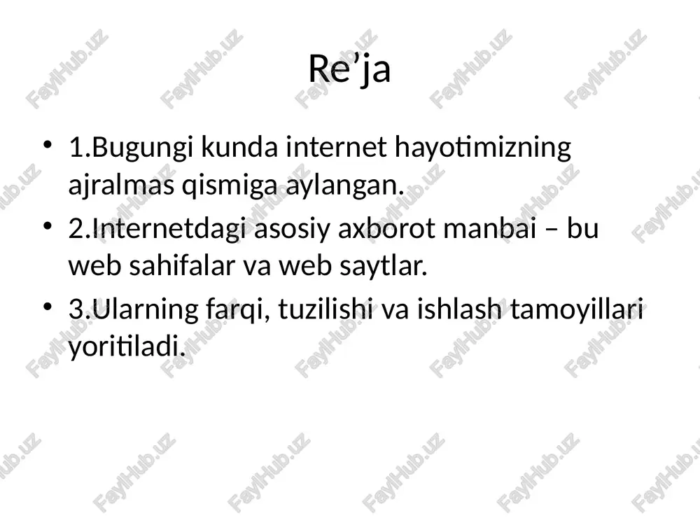 uchun. xulosa web sahifa – bu internetdagi bitta axborot oynasi. web sayt – bu bir nechta sahifalardan iborat to‘plamdir. har bir foydalanuvchi o‘z saytini yaratish imkoniga ega. web texnologiyalarni o‘rganish – zamonaviy ta’limning muhim qismidir. foydalanilgan manbalar 1. www.wikipedia.org 2. www.w3schools.com 3. www.geeksforgeeks.org 4. informatika darsligi (11-sinf) image1.png image2.png image3.png image4.png image5.png image6.png image7.png image8.png image9.png image10.png image11.png /docprops/thumbnail.jpeg