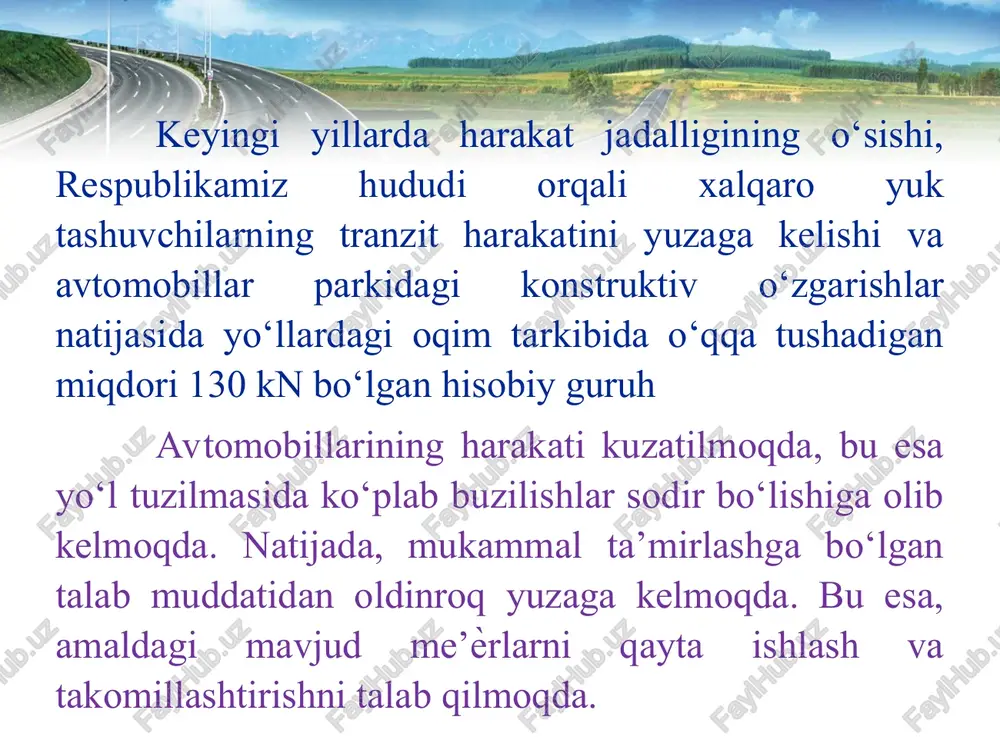 ar bilan ishlov berilgan qoplamalarda -40 mm gacha yetishi mumkin. har bir qoplamaga muayyan turdagi noravonliklar xosdir. bitummominiral qorishmali va asfaltbeton qoplamalariga xos noravonliklar uvalanish, chuqurchalar, to‘lqinsimon shishlar hisoblanadi. yo‘l qoplamasining g‘adir-budirligi transport vositalari g‘ildiragining qoplama bilan ilashishiga sabab bo‘luvchi yo‘lning transport-ekspluatatsion ko‘rsatkichlaridan hisoblanadi. foydalanishdagi qoplamalarda yillar davomida asta-sekin yemirilish yuzaga keladi, buning natijasida ilashish koeffitsienti me’yoriy talablarga javob bermay qo‘yadi. avtomobilning tezligi va harakat xavfsizligi qoplama sirtidagi minimal makro g‘adir-budirlikni aniqlash uchun ho‘l qoplamalarning ilashish koeffitsienti mezon bo‘ladi (jadval). qmq bo‘yicha harakat sharoiti harakat tezligi km/soatdan kam bo‘lmaganda, ho‘l qoplamalarda ilashish koeffitsientini yo‘l qo‘yilishi mumkin bo‘lgan minimal qiymati 60 80 yaxshi 0,35 0,26 o‘rta 0,40 0,28 xatarli 0,45 0,30 yo‘l qoplamasining ravonligini o‘lchashning oddiy usullaridan biri 3 metrli reyka yordamida qoplamaga yo‘lning avtomobil g‘ildiraklari izi bo‘yicha o‘rganilayotgan harakat tasmasi yo‘nalishida har piketda uch marta yotqiziladi. ravonlikning ko‘rsatkichi reyka bilan qoplama oralig‘i bo‘lib, reykaning har 0,5 m oralig‘ida belgilangan beshta …