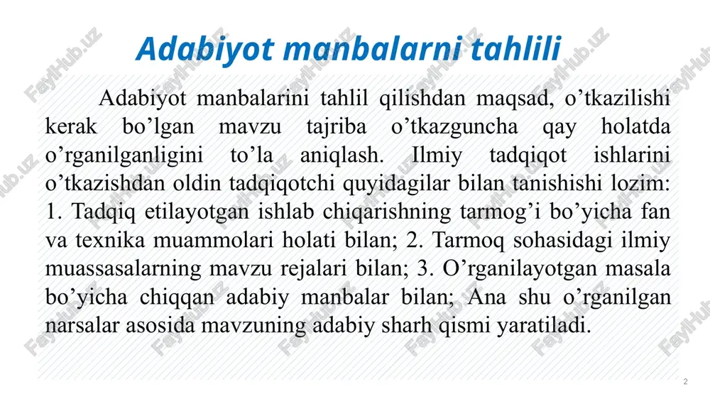 ishi kerak. mavzu bo’yicha: a) qaysi masalalar aniq va qayta tekshirishni talab qilmaydi; b) qanday masalalarning hozirgi paytda noaniqligi va tekshirilishini talab qilinishi; v) yana nimani qo’shimcha o’rganishi kerak. undan tashqari tadqiqotchi adabiyotda aytilgan fikr va mulohazalarning originalligi, amaliy va nazariy tomondan qay darajada aniqligiga to’xtalib o’tishi kerak. tuzilgan annotatsiya, konspekt asosida tanlangan mavzu bo’yicha adabiy sharh tuzilib, unda qanday masalalar kim va qanday holatda o’rganilganligi ko’rsatiladi va mualif tomonidan qanday xulosa yasalganligi ifodalanadi. iloji boricha o’rganilayotgan manbaga tanqidiy tomondan yondoshilib, muallif tomonidan nimalar yoritilmaganligi bayon etiladi. 5 “ adabiyot manbalarni tahlil qilish bo’yicha: mavzuga yanada aniqlik kiritiladi; ilmiy-tidqiqot ishining maqsadi aniqlanadi; mavzuning dolzarbligi hisoblar bilan asoslab beriladi; tajriba o’tkazish rejasi tuziladi; tajriba o’tkazish uslubiy dasturi tuziladi; 6 uslubiy dastur, o’tkazilishi kerak bo’lgan ilmiy tadqiqot ishining asosiy qismi bo’lib, uning qanchalik to’g’ri va mukammal tuzilishi, tadqiqotga qo’yilgan muammoni ijobiy hal etilishini ta`minlaydi. uslubiy dastur ilmiy tadqiqot ishlarini o’tkazishdan avval tuziladi …