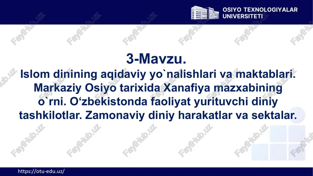 aloqa jamiyat ichida o‘zaro manfaatlarni birgalashib himoya qiluvchi tashkilot tuzilishi uchun asos bo‘lib xizmat etdi. 3.1. kalom ilmining shakllanishi. ilk aqidaviy adabiyotlarning islom dinining qabul qilinishidagi o`rni. islom dinidagi mazhablar ushbu ko’rinishga ega. bunga ko’ra islom dini 3 ta asosiy aqidaviy yo’nalishga bo’linadi. bular sunniylar, shialar, xorijiylardir 3.2. islom oqimlari va yo‘nalishlarining paydo bo’lishi sabablari rasululloh (s.a.v.) shunday deganlar: “yahudiylar 71 firqaga bo‘linganlar. nasroniylar 72 firqaga bo‘linganlar. mening ummatim 73 firqaga bo‘linadi. 3.2. islom oqimlari va yo‘nalishlarining paydo bo’lishi sabablari siz-u biz e’tiqod qiluvchi sunniylik aqidaviy yo’nalishi 4 ta yirik mazhabga bo’linadi. bular hanafiya, molikiya, shofiya, xanbaliya. shia aqidaviy yo’nalishiga e’tiqod qiluvchilar esa asosan eron davlatida joylashgan bo’lib, 5 ta yirik mazhabga bo’linadi. bular, ja’fariya, ismoiliya, qaramatiy, rofiziya va zaydiya. xorijiya aqidaviy yo’nalishiga e’tiqod qiluvchilar esa 6 ta yirik mazhabga bo’linadi. bular xaruriya, qadariya, jabariya, jaxmiya, murjia, ibodiyalar 3.2. islom oqimlari va yo‘nalishlarining paydo bo’lishi sabablari sunniylik aqidaviy yonalishidagi 4 …
