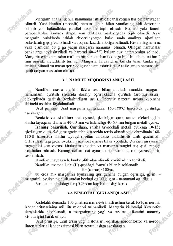rin tarkibida 82% yog’ bo’lishi, namlik miqdori 16.5% dan oshmasligi, tuz 0,2-0,7%, ketstorfer darajalarida kislotaligi 2,5 mg koh dan oshmasligi kerak. margarindan ajratilgan yog’ning erish harorati 27-330 c, nikel miqdori juda kam (izlari ko’rinishida) bo’lishi kerak. organoleptik ko’rsatkichlarga ko’ra margarin toza, mazali va hushbo’y bo’lishi, mazasi va hushbo’yligi bilan sariyog’ga o’xshashi, konsistensiyasi bir jinsli va plastik bo’lishi, rangi butun massa bo’yicha bir hil bo’lishi, bo’yalgan margarin uchun – och sariq, bo’yalmagani uchun oq bo’lishi kerak. qovurishda margarin sachramasligi kerak. margarinni analiz qilishda quyidagilarni aniqlash kerak: namlik miqdorini, kislotaligini, quruq modda miqdorini, yog’ini va uning organoleptik kursatkichlarini. margarin analizi vaqtida uning namligi, kislota soni, quruq qoldiq miqdori, tuz va yog’ miqdori, shuningdek organoleptik ko’rsatgichlari hid, ta’m 18os dagi konsistensiyasi va rangi aniqlanadi. margarin analizi uchun namunalar ishlab chiqarilayotgan har bir partiyadan olinadi. yashiklardan (monolit) namuna shup bilan yashikning oldi devoridan solinib yon balandlikka parallel ravishda tiqib olinadi. bochka yoki fanerli barabanlardan …
