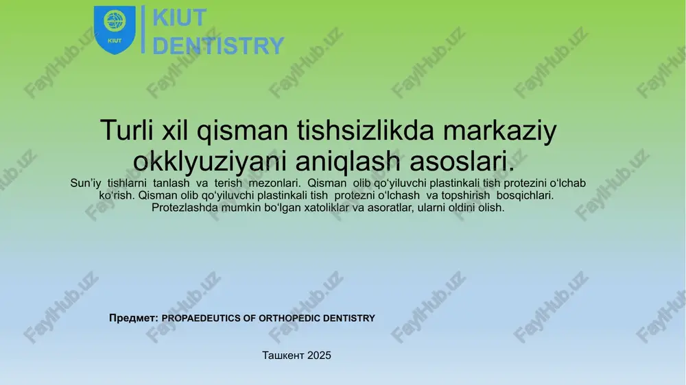 h. 2. markaziy asab tizimini aniqlash - jag'larning to'g'ri nisbatlarini qayd etish. 3. tishlarni mumda sinab ko'rish - estetika, funktsiya, diktsiyani nazorat qilish. 4. protezning yakuniy fiksatsiyasi - barqarorlikni tekshirish. 5. bemorga yo'l-yo'riq ko'rsatish - parvarish qilish qoidalari, moslashish, qayta ko'rikdan o'tish muddatlari. 9 tishlar qisman bo'lmaganda olinadigan protezlarni qo'yish va qo'yish uslubiyati tishlar qisman bo'lmaganda olinadigan protezlarni qo'yish va qo'yish uslubiyati olinadigan protezlarning eng ko'p sinadigan joylari davolashni rejalashtirish va protez o'rni to'qimalarini protezlashga tayyorlashdagi xatolar 1. protezning noto'g'ri konstruktsiyasini tanlash. misol: ko'p miqdordagi tishlar yo'qotilganda olinmaydigan protez yasash. bunda tayanch tishlarning funktsional zo'riqishi sodir bo'ladi. bartaraf etish usuli: individual klinik ko'rinishni hisobga olgan holda ratsional protezlash. tajribaliroq shifokor bilan maslahatlashish. 2. tayanch tishlar sonini noto'g'ri tanlash yoki tayanch ostiga yaroqsiz tishlarni tanlash. bu anamnez to'liq yig'ilmaganda, og'iz bo'shlig'i yuzaki tekshirilganda, rentgenodiagnostika ma'lumotlariga e'tibor berilmaganda, diagnostik modellar o'rganilmaganda bo'lishi mumkin. 3. og'iz bo'shlig'ini protezlashga tayyorlashda yo'l qo'yilgan xatolar, agar …