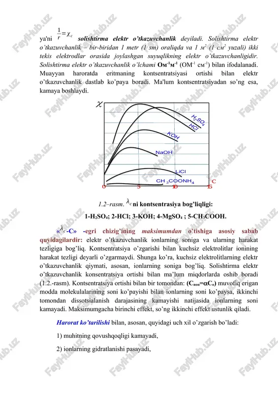 ishtirma elektr o’tkazuvchanlik deyiladi. solishtirma elektr o’tkazuvchanlik – bir-biridan 1 metr (1 sm) oraliqda va 1 m2 (1 sm2 yuzali) ikki tekis elektrodlar orasida joylashgan suyuqlikning elektr o’tkazuvchanligidir. solishtirma elektr o’tkazuvchanlik o’lchami om-1m-1 (om-1 sm-1) bilan ifodalanadi. muayyan haroratda eritmaning kontsentratsiyasi ortishi bilan elektr o’tkazuvchanlik dastlab ko’paya boradi. ma'lum kontsentratsiyadan so’ng esa, kamaya boshlaydi. 1.2–rasm. ni kontsentrasiya bog’liqligi: 1-h2so4; 2-hcl; 3-koh; 4-mgso4 ; 5-ch3cooh. «-s» -egri chizig’ining maksimumdan o’tishiga asosiy sabab quyidagilardir: elektr o’tkazuvchanlik ionlarning soniga va ularning harakat tezligiga bog’liq. kontsentratsiya o’zgarishi bilan kuchsiz elektrolitlar ionining harakat tezligi deyarli o’zgarmaydi. shunga ko’ra, kuchsiz elektrolitlarning elektr o’tkazuvchanlik qiymati, asosan, ionlarning soniga bog’liq. solishtirma elektr o’tkazuvchanlik konsentratsiya ortishi bilan ma’lum miqdorlarda oshib boradi (1.2.-rasm). kontsentratsiya ortishi bilan bir tomondan: (sion=so) muvofiq erigan modda molekulalarining soni ko’payishi bilan ionlarning soni ko’paysa, ikkinchi tomondan dissotsialanish darajasining kamayishi natijasida ionlarning soni kamayadi. maksimumgacha birinchi effekt, so’ng ikkinchi effekt ustunlik qiladi. harorat ko’tarilishi bilan, asosan, …