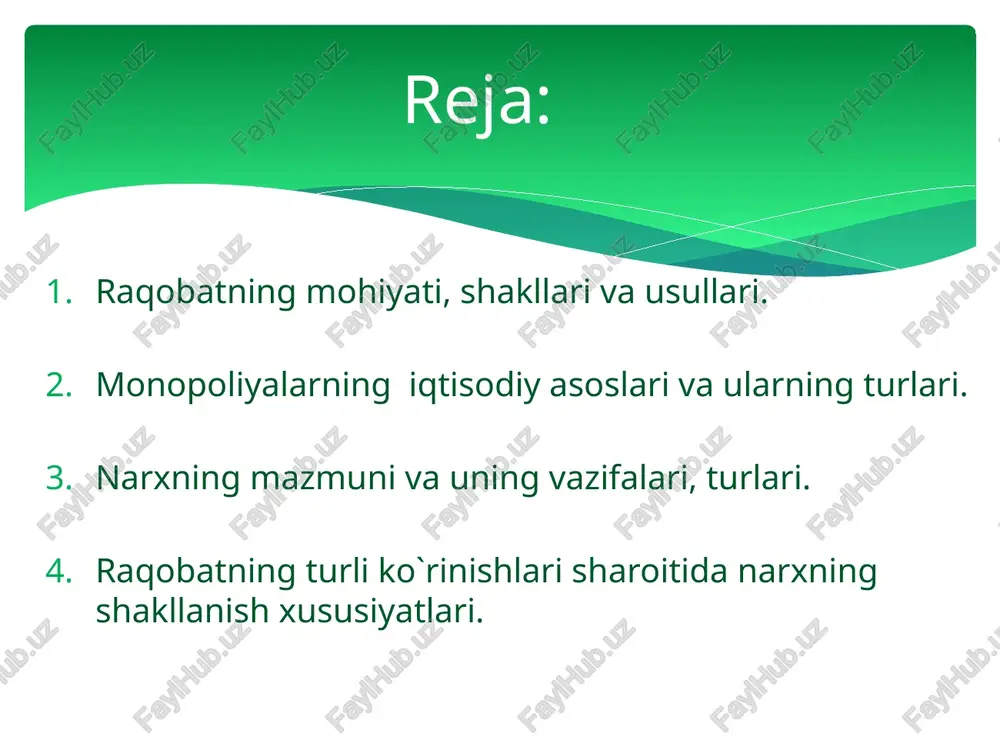 asi – bozordagi ba`zi ishtirokchilarning boshqa bir ishtirokchilar ustidan monopolistik hukmronlik o`rnatishiga yo`l qo`ymaslikka yo`naltirilgan. 4 raqobat shakllari: 1. ishlab chiqaruvchi larning bozordagi mavqeiga ko`ra sof yoki erkin raqobat; sof monopoliya; monopolistik raqobat; oligopoliya. 2. miqyosiga ko`ra: tarmoqlar ichidagi raqobat; tarmoqlar o`rtasidagi raqobat; millliy xo`jalik doirasidagi raqobat; jahon xo`jaligi doirasidagi raqobat. 3. sodir bo`lish xarakteriga ko`ra tartibsiz (stixiyali) raqobat; tartibga solinadigan raqobat 4. amalga oshirish usuliga ko`ra: narx vositasidagi raqobat; narxsiz raqobat. 5. amalga oshirish yo`liga ko`ra: xalol raqobat; g`irrom raqobat. ishlab chiqaruvchi (sotuvchi) larning bozordagi mavqeini belgilab beruvchi omillar: ishlab chiqaruvchi (sotuvchilar) soni. to`siqlarning mavjudlik darajasi (bozorga kirish va undan chiqib ketish). sof raqobat sof monopoliya monopolistik raqobat oligapoliya 1.ishlab chiqaruvchi (sotuvchilar) soni juda ko`p yagona nisbatan ko`proq kam sonli 2. to`siqlarning mavjudlik darajasi mavjud emas katta, taqiqlash bilan barobar unchalik katta emas katta raqobat shakllari asosiy belgilar tarmoq ichidagi raqobat – mahsulot ishlab chiqarish va sotishda qulay sharoitga …