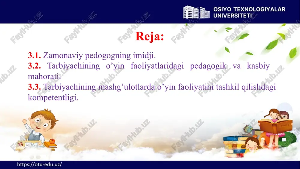 il etadi: - maktabgacha ta’lim tarbiyachisiga bilim berish asoslaridan habardorlik; - maktabgacha ta’lim tarbiyachisi bilan ishlay olish bo’yicha tayyorgarlik; - maktabgacha ta’lim tarbiyachisini bilim olamiga olib kirish ko’nikmasiga egalik. kasbiy ko’nikma negizlarini quyidagilar tashkil qiladi: - maktabgacha ta’lim tarbiyalkanuvchisi bilan individual ishlay olish; - maktabgacha ta’lim tarbiyalanuvchilari bilan guruhli ishlay olish; - maktabgacha ta’lim tarbiyalanuvchilarini tarbiyalay olish. maktabgacha ta’lim tarbiyachisining pedagogik mahorati asoslaridan biri kasbiy metodga ega bo’lishdir. shu ma’noda kasbiy metod asoslarini quyidagilar tashkil etishini eslatib o’tish joiz: -o’rgatish metodi; - tushuntirish metodi; -yo’naltirish metodi; kezi kelganda ta’kidlash lozimki, maktabgacha ta’lim tashkiloti tarbiyachisi o’zining pedagogik mahoratini individual takomillashtirib borishi maqsadga muvofiq bo’ladi. buning uchun quyidagilarga amal qilish kutilgan samarani beradi: a) muntazam ravishda pedagogik mahoratga doir adabiyotlar bilan tanishib borish; b) pedagogik mahoratga ega mutaxasis tarbiyachilar bilan hamkorlik qilish; c) online shaklda tarbiyachilarning malaka oshirish kurslarida ishtirok etish; d) o’zining tajribalarini kuzatib borish va o’zi ustida ishlash. 3.3. tarbiyachining …