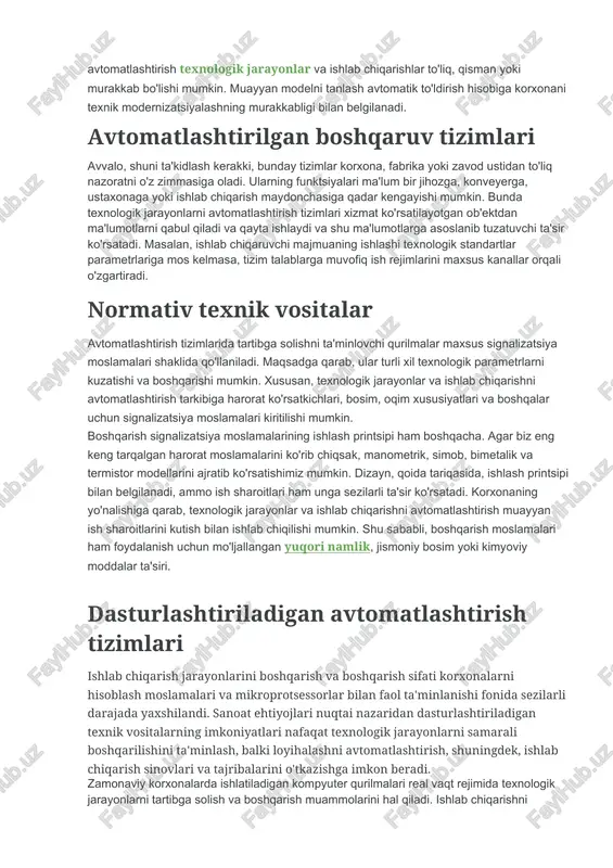 bilan bog`liq hatolar sonini qisqartirish va vaqtni tejash imkonini beradi. korxonalarda ishlab chiqarish jarayonlarini avtomatlashtirish uchun texnik vositalarni joriy etish asosiy shartdir samarali ish... zamonaviy avtomatlashtirish usullarining xilma-xilligi ularni qo'llash doirasini kengaytiradi, mexanizatsiyalashtirish xarajatlari, qoida tariqasida, ishlab chiqarilayotgan mahsulotlar hajmining oshishi, shuningdek sifatining oshishi shaklida yakuniy natijalar bilan oqlanadi. avtomatlashtirishni tushunish keng ma'noda avtomatizatsiya ishlab chiqarishda insonning aralashuvisiz mahsulotlarni ishlab chiqarish va chiqarish bo'yicha muayyan vazifalarni bajarishga imkon beradigan bunday sharoitlarni yaratishni o'z ichiga oladi. bunday holda, operatorning roli eng muhim vazifalarni hal qilishdan iborat bo'lishi mumkin. belgilangan maqsadlarga qarab, avtomatlashtirish texnologik jarayonlar va ishlab chiqarishlar to'liq, qisman yoki murakkab bo'lishi mumkin. muayyan modelni tanlash avtomatik to'ldirish hisobiga korxonani texnik modernizatsiyalashning murakkabligi bilan belgilanadi. avtomatlashtirilgan boshqaruv tizimlari avvalo, shuni ta'kidlash kerakki, bunday tizimlar korxona, fabrika yoki zavod ustidan to'liq nazoratni o'z zimmasiga oladi. ularning funktsiyalari ma'lum bir jihozga, konveyerga, ustaxonaga yoki ishlab chiqarish maydonchasiga qadar kengayishi mumkin. bunda texnologik jarayonlarni …