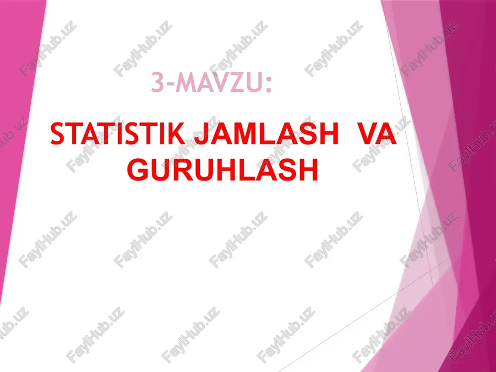 ko'zlangan maqsad va vazifalar nuqtai nazaridan qayta ishlanishi tushuniladi. bu holda svodkalash: ma'lumotlarni guruhlash; tipik guruhlar va guruhchalarni tavsiflovchi ko'rsatkichlar tizimini ishlab chiqish; har bir guruh va guruhlar bo'yicha umumiy yakunlarni chiqarish; guruhlash natijalarini statistik jadvallarga joylashtirish va ularni grafiklarda tasvirlash kabi bosqichlarni o'z ichiga oladi. statistik guruhlash deb ijtimoiy hodisa va jarayonlarni chuqur va har tomonlama o'rganish maqsadida eng muhim, xarakterli belgilar bo'yicha bir xil guruh va guruhchalarga ajratib o'rganishga aytiladi. guruhlash o'rganilayotgan hodisaning xarakterli xususiyatini, undagi qonuniyatni aniqlashga imkon beradi. ana shu tomoni bilan u ilmiy svodkalashning asosiy unsuri bo'lib hisoblanadi. guruhlash usuli birinchi marta xviii asrda rossiyada tatbiq qilina boshlandi. bu usulni tatbiq qilishda va rivojlantirishda l.n. radishchev (1749-1802), d.p. juravskiy (1810-1856), p.p.semyonov tyan-shanskiy (1827 — 1914) kabi buyuk rus olimlarining xizmatlari katta. guruhlash usuli ommaviy to'plamlarda miqdor o'zgarishlaridan sifat o'zgarishlariga o'tish jarayonini aniqlash maqsadida juda keng qo'llaniladi. masalan, korxonalarni quyidagicha guruhlash mumkin: samaradorlik darajasi bo'yicha katta-kichikligiga …