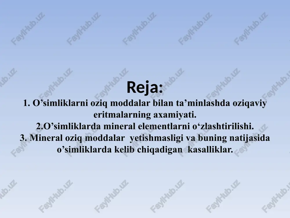 ofida ozuqa moddalari tuproqqa nisbatan bir necha barobar yuqori bo’lgan ozuqa muhiti ta’minlanadi. masalan, tuproqdagi eritmada fosforning kontsentratsiyasi odatda millionga 0.06 miqdorda bqlsa, bu eritmada millionga 62 qism kontsentratsiyada taklif etiladi. bunday yuqori miqdordagi darajalar o’simliklarni uzoq muddat davomida qo’shimcha oziq moddalari bilan ta’minlash zaruriyatiga ehtiyoj sezilishininig oldini oladi va ular uzoq muddat yetarli oziq muhitida ushlanadi. bir qancha olimlar o’z eritmalarini bir necha marta suyultirish va elementlar bilan tez-tez to’yintirish orqali oziq moddalari va o’simliklar to’qimalaridagi kontsentratsion tebranishlarini minimal darajada ushlab turishga muvaffaq bo’lganlar. tarkibi molekulyar og’irligi, g, mol-1 eritmadagi kontsentratsiyasi, mm eritmadagi kontsentratsiyasi, g, l-1 eritmadagi 1 xajmda to’planadigan moddalar miqdori, ml ele-ment, mm elementlarning oxirgi kontsentratsiyasi, ppm macronutrients kno3 101.10 1,000 101.10 6.0 n 16,000 224 ca(no3)24h2o 236.16 1,000 236.16 4.0 k 6,000 235 nh4h2po4 115.08 1,000 115.08 2.0 ca 4,000 160 mgso47h2o 246.48 1,000 246.49 1.0 f 2,000 62 s 1,000 32 mg 1,000 24 micronutrients …