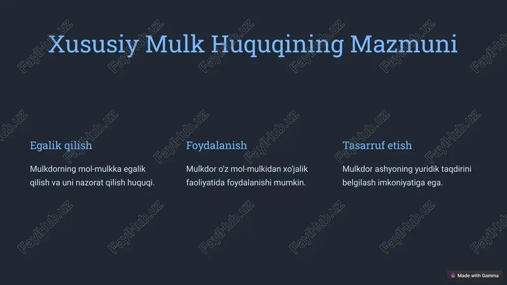 a qilinishini kafolatlaydi. 7 mulkdorning huquqlarining ustuvorligi amaldagi qonunchilikka ko'ra, mulkdorning huquqlari ustuvor hisoblanadi. mulkdor va davlat organlari o'rtasidagi munosabatlarda mulkdor huquqlarining ustuvorligi tamoyili qo'llaniladi. 1 mulkdor huquqlari 2 qonunchilik 3 sud himoyasi 4 mulkdor foydasi mulk huquqini amalga oshirish bilan bog'liq barcha ziddiyatlar va noaniqliklar mulkdorning manfaatlari yo'lida hal etiladi. 8 oʻzbekistonda ommaviy mulk ta'rif davlat mulki – davlatga tegishli boʻlgan va uning manfaatlari uchun ishlatiladigan mulkdir. ahamiyati davlat mulki ijtimoiy-iqtisodiy rivojlanishda muhim rol oʻynaydi, infratuzilmani rivojlantirish va jamoatchilik ehtiyojlarini qondirishga xizmat qiladi. 9 oʻzbekistondagi ommaviy mulkning turlari respublika mulki respublika miqyosidagi mulk. davlat organlari tomonidan boshqariladi. minitsipal mulk mahalliy hokimiyat organlari tasarrufida boʻlgan mulk. 10 respublika mulki ob’yektlari 1 yer, yer osti boyliklari; suv 2 havo bo‘shlig‘i 3 o‘simlik va hayvonot dunyosi hamda boshqa tabiiy boyliklar 4 davlat hokimiyati va boshqaruvi respublika organlarining mol-mulki 5 davlat ahamiyatiga ega bo‘lgan moddiy madaniy meros ob’ektlari 11 respublika mulki ob’yektlari 6 …