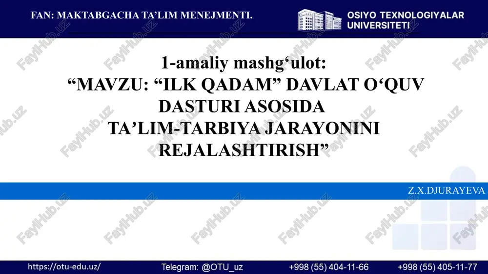 asalarida:  davlat maktabgacha ta’lim muassasalari;  maktabgacha ta’lim sohasida xizmat ko‘rsatuvchi nodavlat muassasalari;  maktabgacha guruhlarga ega bo‘lgan «mehribonlik» bolalar uylari;  maktabgacha va boshlang‘ich ta’limni nazorat qiluvchi boshqaruv organlarida – ushbu davlat o‘quv dasturini qo‘llash majburiydur. 2.1. “ilk qadam” davlat oʻquv dasturini amalga oshirish va har bir bolada tayanch kompetensiyalarni shakllantirish. davlat o‘quv dasturida mtmning quydagi maqsad va vazifalari belgilab berilgan. bolaning individual ehtiyojlarini hisobga olgan holda ilk va maktabgacha yoshdagi bolalarni rivojlanishiga oid davlat talablari asosida hamda davlat o‘quv dasturiga muvofiq uning har tomonlama va barkamol rivojlanishi uchun qulay shart-sharoitlar yaratish; maktabgacha yoshdagi bolalarning o‘quv-tarbiyaviy faoliyatini tashkil qilish va amalga oshirish;  bolalarning ilk rivojlanishi masalalarida ota-onalar va jamiyatga tegishli bilimlar berishni tashkil etish va amalga oshirish;  bolalarning ilk rivojlanishi masalalarida oila va jamiyat bilan o‘zaro hamkorlikni tashkil qilish va amalga oshirish. 2.1. “ilk qadam” davlat oʻquv dasturini amalga oshirish va har bir bolada tayanch kompetensiyalarni …