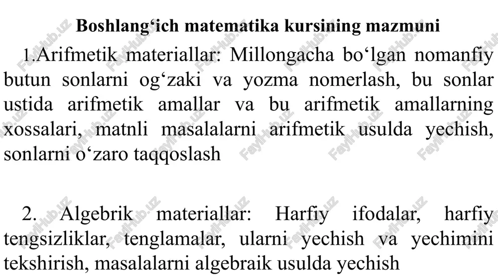 dikasi. bu bo’limda matematika o’qitish umumiy metodikasining qonun va qoidalarini aniq mavzu materiallariga tadbiq qilish yo’llari ko’rsatiladi. 3. matematika o’qitishning aniq metodikasi. bu bo’lim ikki qismdan iborat: 1. umumiy metodikaning xususiy masalalari. 2. maxsus metodikaning xususiy masalalari. boshlang’ich sinflarda matematika o’qitish metodikasning didaktik tamoyillari. boshlang’ich sinflarda matematika o’qitish metodikasning didaktik tamoyillari quyidagilar: 1. onglilik tamoyili 2. ko’rgazmalilik tamoyili 3. bolaning yosh va individual xususiyatlarini hisobga olish tamoyili 4. ilmiylik tamoyili 5. takrorlash tamoyili 6. muntazamlilik va izchillik tamoyili 7. puxta o’zlashtirish tamoyili /docprops/thumbnail.jpeg