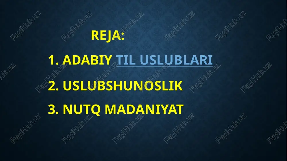 xos ilmiy atamalaridan foydalaniladi, bu uslubda so’zlar o’z ma'nosida qo’llanadi, qoida yoki ta'rifning mazmunini ochishga xizmat qiladigan ajratilgan bo’laklar, kirish so’zlar, kirish birikmalar, shuningdek, qo’shma gaplardan ko’proq foydalaniladi badiiy uslub badiiy asarlar (nazm, nasr va dramatik asarlar) badiiy uslubda bo’ladi. badiiy asar kishiga ma'lumot berish bilan birga, timsollar (obrazlar) vositasida estetik ta'sir ham ko’rsatadi: o’lkamizda fasllar kelinchagi bo’lmish bahor o’z sepini yoymoqda. badiiy uslubda qahramonlar nutqida oddiy nutq so’zlari, sheva, vulgarizmlardan ham foydalaniladi. ommabop (publitsistik) uslub tashviqot-targ’ibot ishlarni olib borishda qo’llanadigan uslub, ya'ni matbuot uslubi ommabop uslub hisoblanadi. bu uslubda ijtimoiy-siyosiy so’zlar ko’p qo’llanadi. nutq ta'sirchan bo’lishi uchun ta'sirchan so’z va birikmalardan, maqol va hikmatli so’zlardan ham foydalaniladi. o‘rxun-enasoy yodgorliklari ham shu davrda yozilgan. eski turkiy adabiy tilda o‘zbek xalqi va tilining shakllanishiga zamin yaratila boshlangan. bu vaqtda movarounnahr va qashqarda qarluq-uyg‘ur hamda qipchoq-o‘g‘uz tillari xususiyatini o‘z ichiga olgan turkiy adabiy til mavjud edi. uslubiy xoslangan va uslubiy betaraf so‘zlar …