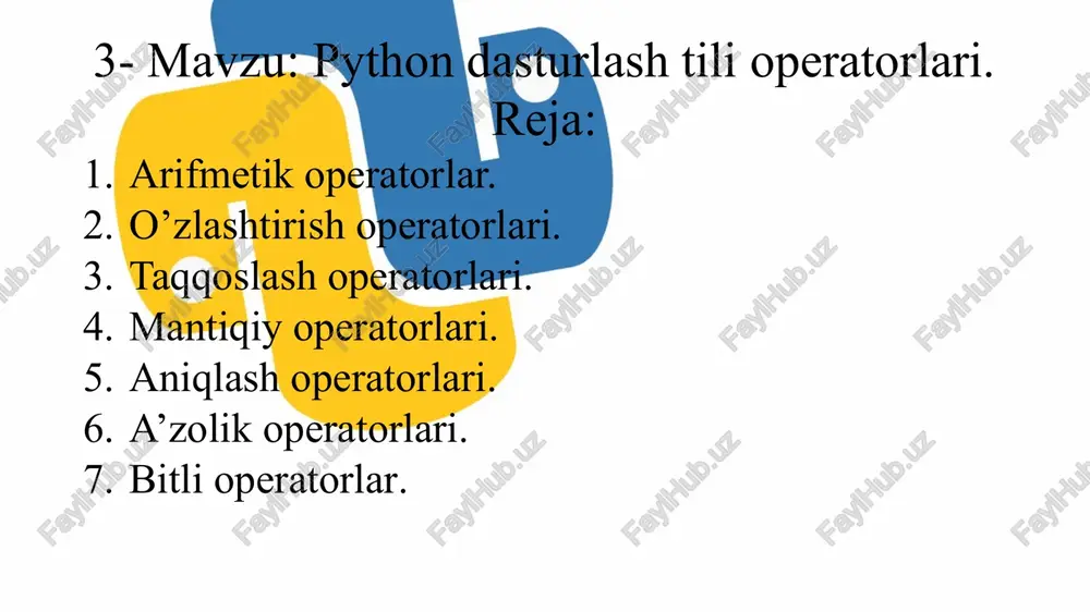 kala bitni ham birga o’rnatadi. ~ (not) - barcha bitlarni invertlaydi (teskarisiga o’zgartiradi) > - chapdan o’ngga bitlarning nusxalari kiritilib siljitib boriladi. o’ngdagi chetki bitlar tushib qoladi. 9 bitwise operatorlari nima asosiy vazifa: binary turdagi ma’lumotlar bilan ishlashda qo’llaniladi. binary ma’lumotlar bu 2 lik sanoq sistemasidagi ma’lumotlar. masalan 101001 shu turga kiradi. biz ishlatadigan odatiy sonlar (masalan, 1, 75, 1999) 10 lik sanoq sistemasidagi sonlar hisoblanadi. ya’ni, biz bunday sonlarni ifodalashda 10 ta raqamdan foydalanamiz: 0, 1, 2, 3, 4, 5, 6, 7, 8, 9. binary turdagi ma’lumotlar esa 2 lik sanoq sistemasida. ular faqat 0 va 1 yordamida ifodalanadi. 10 likdagi sonni 2 likka o’tkazishni matematik usuli bor. masalan: bin() funksiyasi har qanday 10 likdagi sonni 2 likka o’tkazib beradi. 10 misol uchun: >>> bin(7) yozadigan bo’lsak bizga ‘0b111’ funksiya string qiymat qaytaradi. namunadagi 111 bu 7 ning 2 likdagi ko’rinishi. boshidagi ‘0b’ esa bu son 2 likda ekanligini …